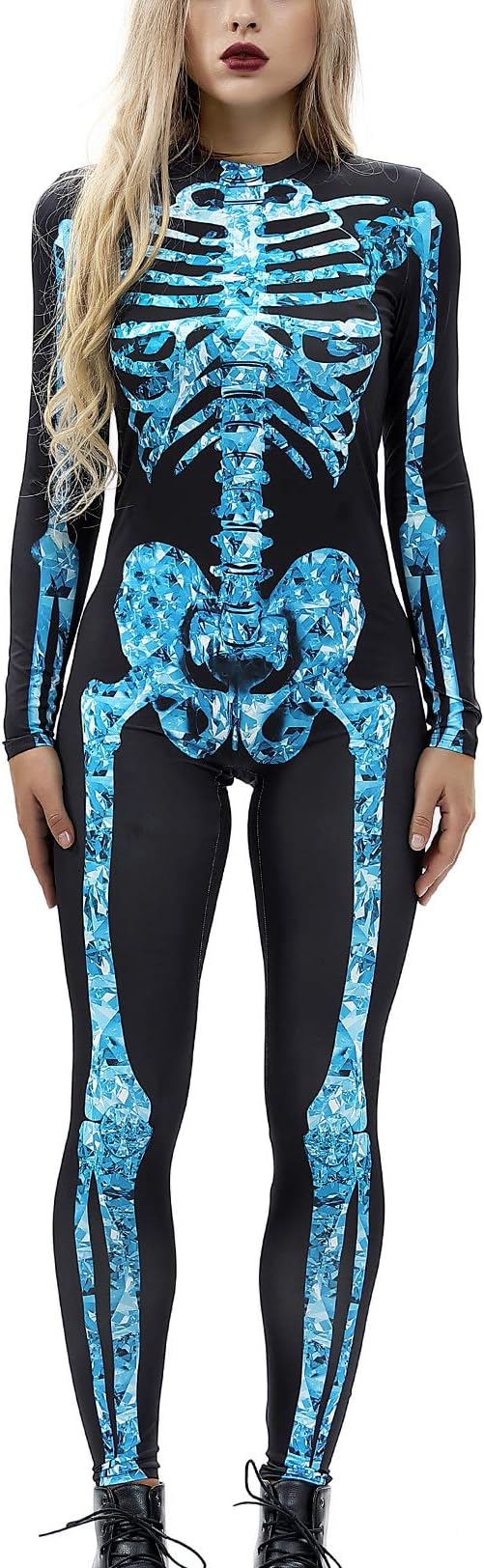 TGP Womens 3D Skeleton Costume Halloween Cosplay Bodysuit Stretch Skinny Catsuit Jumpsuit