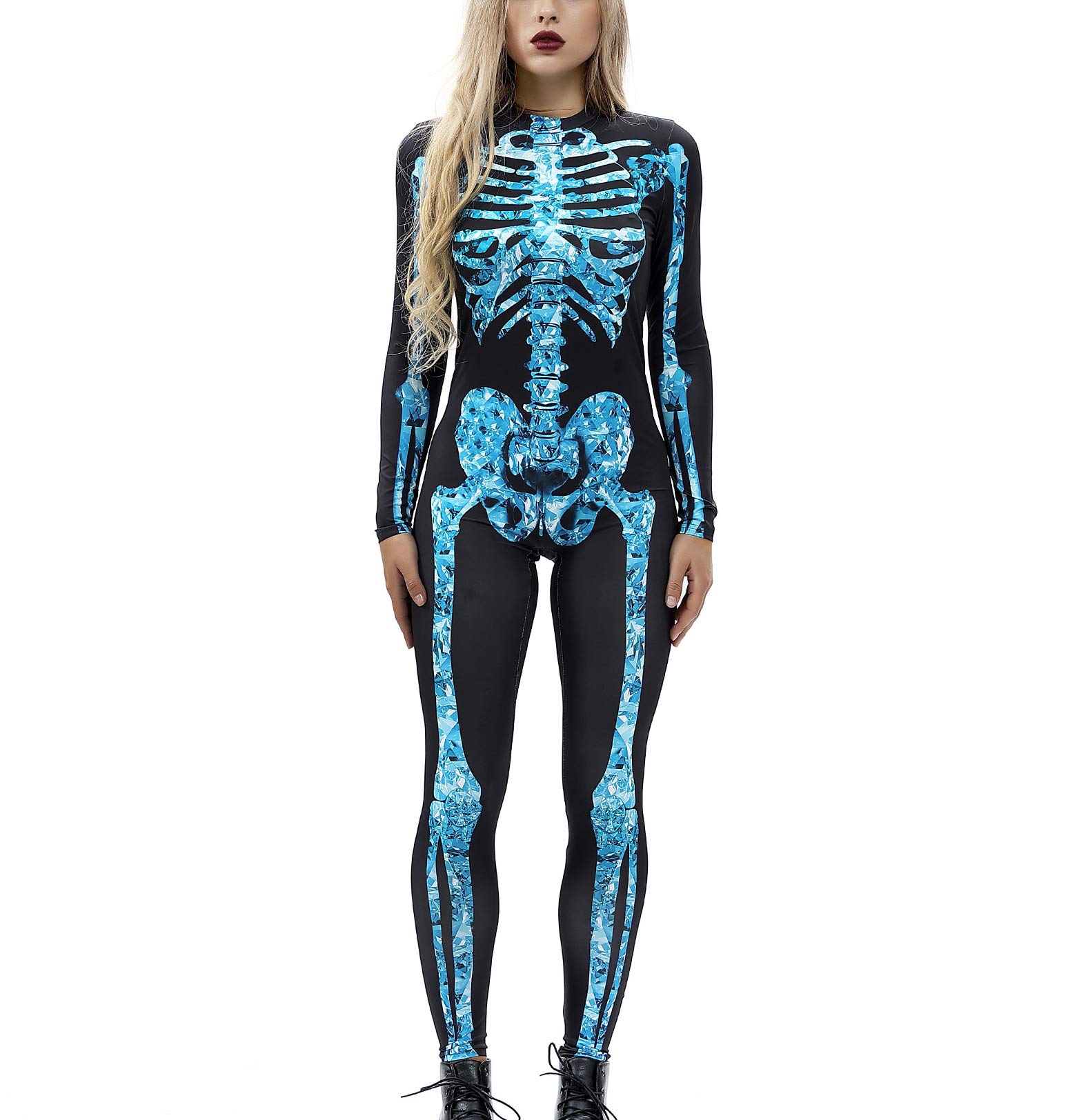 TGP Womens 3D Skeleton Costume Halloween Cosplay Bodysuit Stretch Skinny Catsuit Jumpsuit