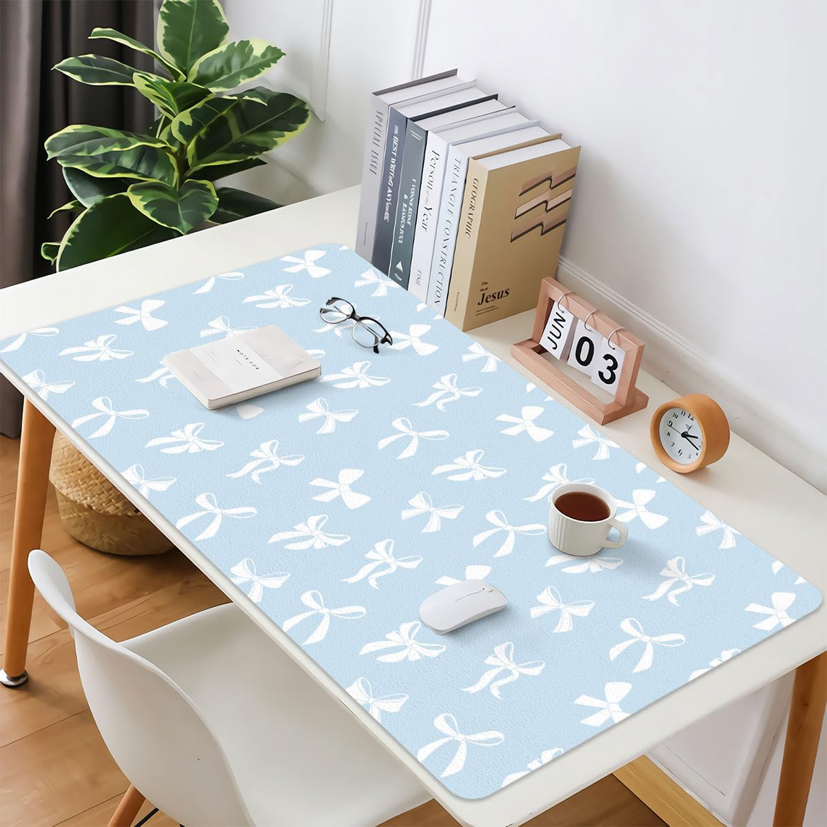 Cute Kawaii White Bow Blue Extended Gaming Keyboard Mouse Pad, Non-Slip Leather Home Office Desk Mat Protector