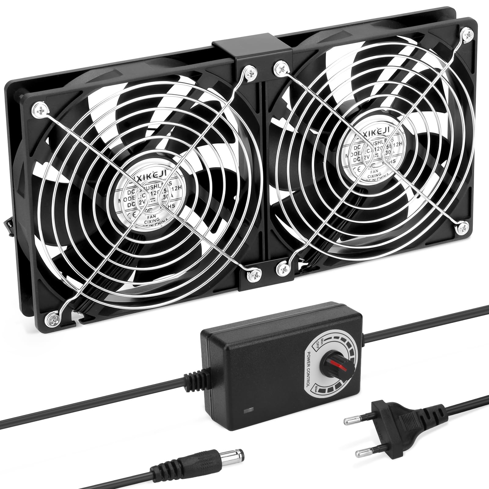 240 mm Doppelluefter, 2 x 120 mm 12 V Gehaeuseluefter Lüfter mit stufenlosem Drehzahlregler, Metall-Schutzgitter, fuer PC, Router, Netzteil