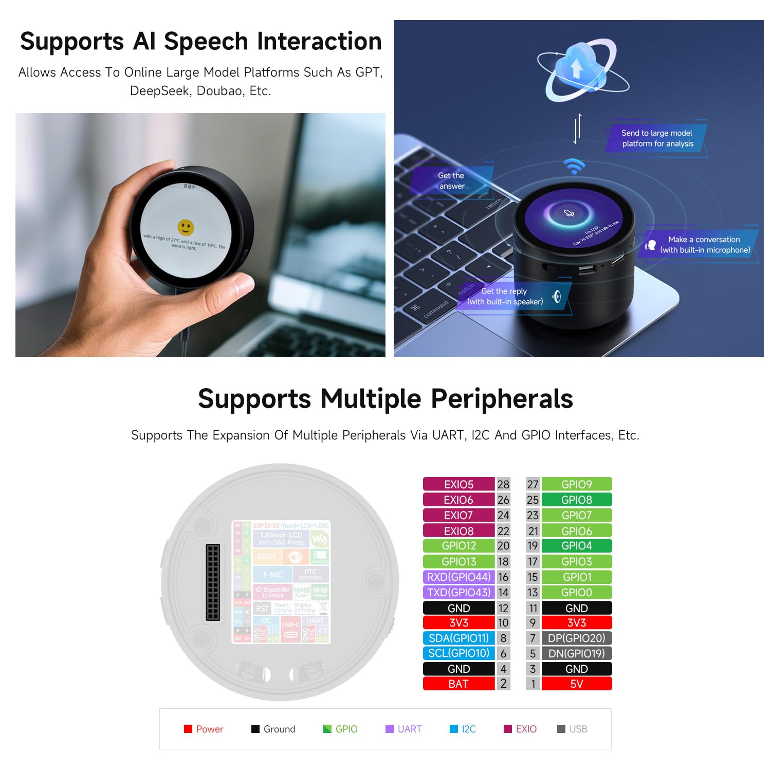 Waveshare ESP32-S3 1.85inch Round LCD Development Board, 360x360, Supports Wi-FI & BT BLE 5, AI Speech, ESP32 with Display with Smart Speaker Box(3.7V Lithium Batt Not Included)