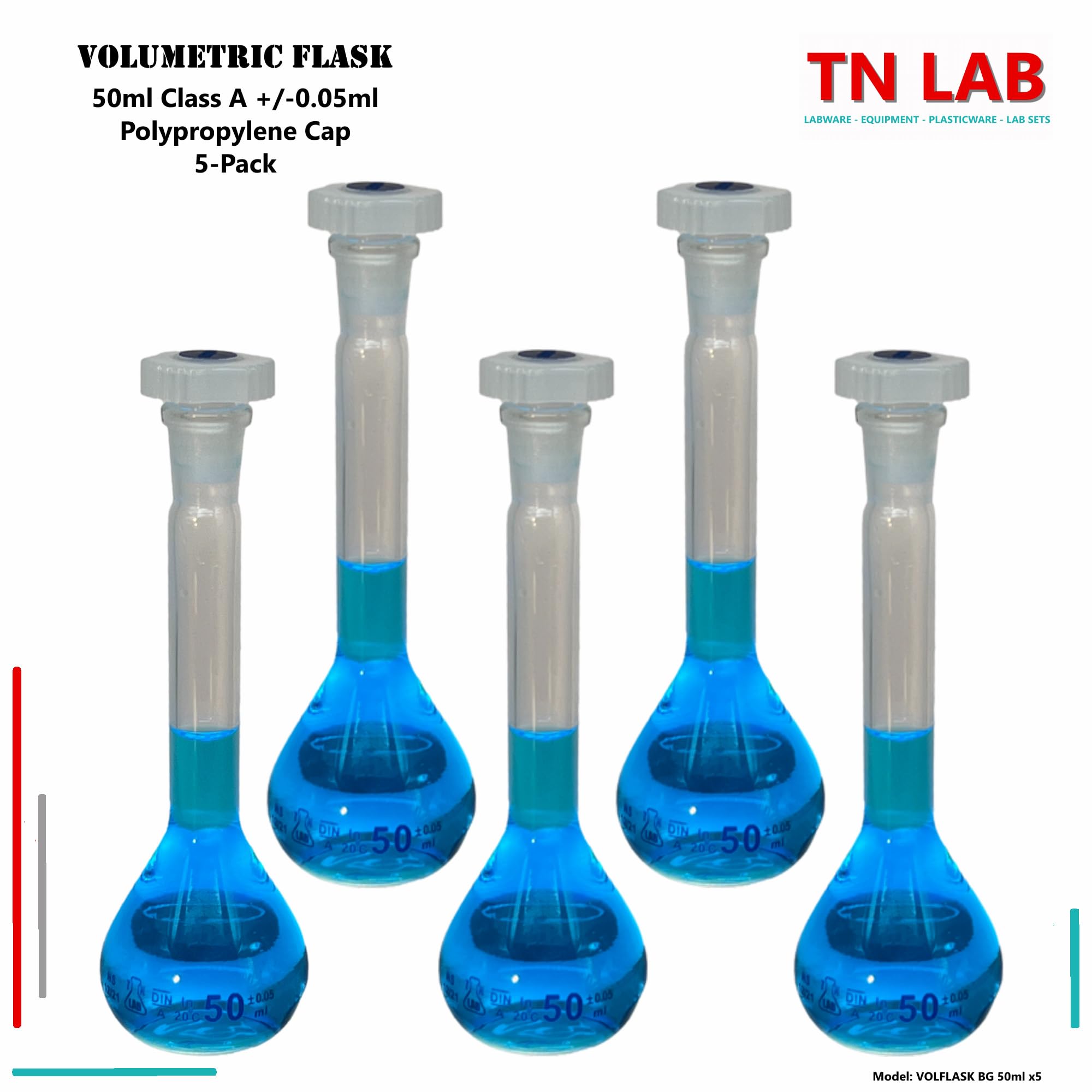 Volumetric Flask 50ml Borosilicate Glass Class A Precision ISO 1042 PTFE 12/21 Stopper 5-Pack
