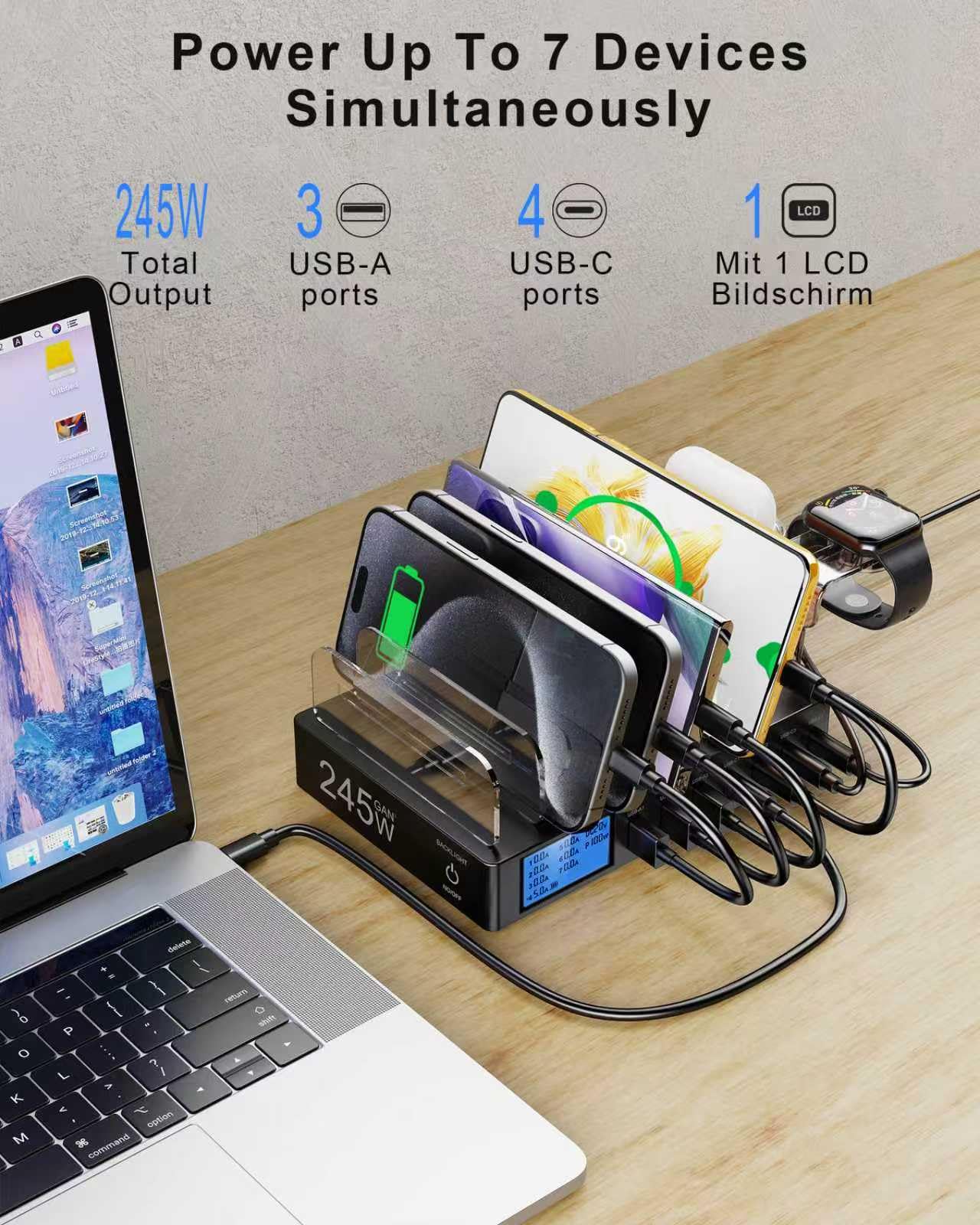 Station de Charge USB pour Plusieurs appareils, 7-Port USB Multi Charge 245W avec 7 Câbles, Station Chargement avec écran LCD, Compatible avec Téléphones, Tablettes et Autres Appareils - Noir