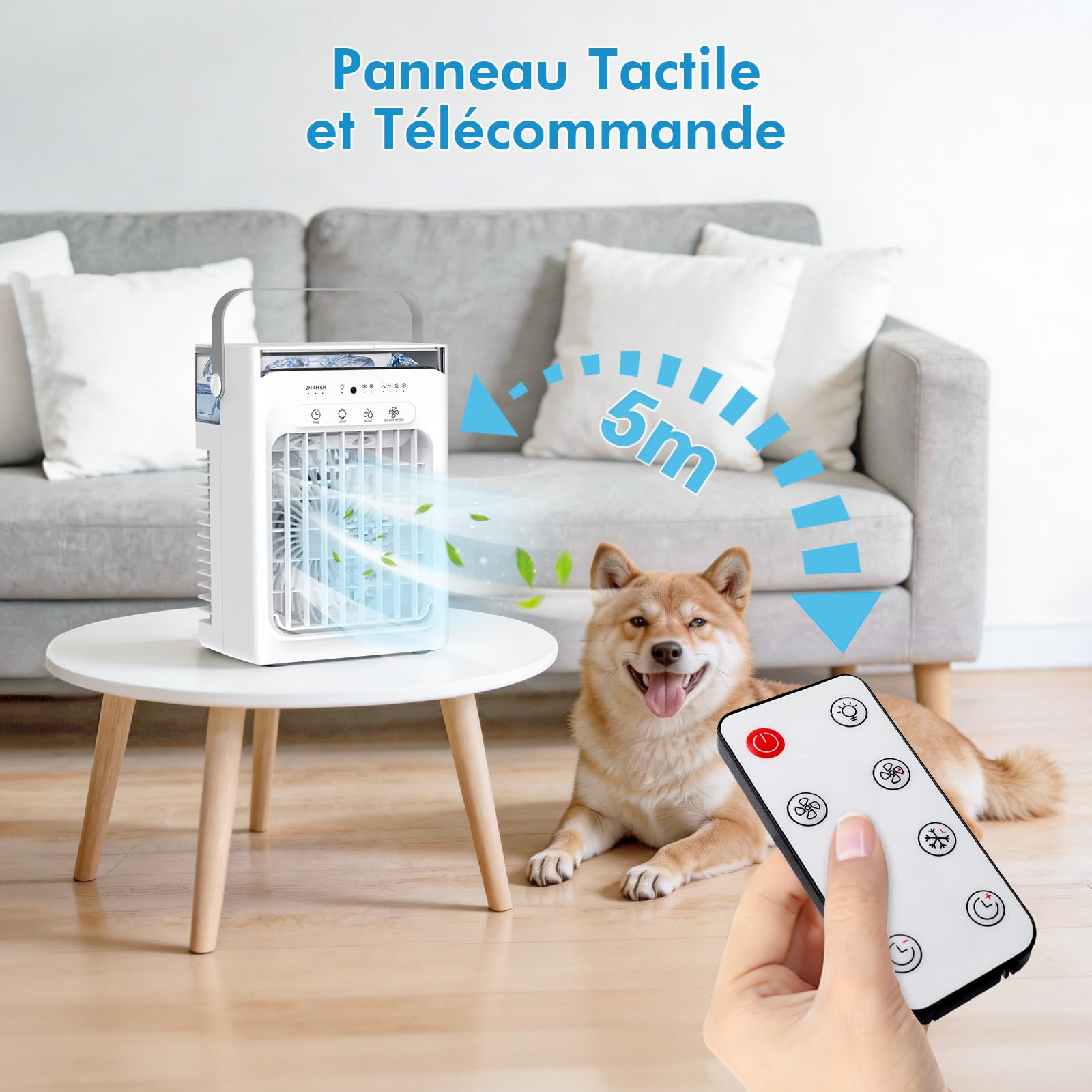 Mini Climatiseur Portable 3-en-1, Réservoir d'Eau 1L, 4 Vitesses Réglables, 3 Minuteurs, Lumière RVB Intégrée, Climatiseur Mobile Silencieux avec Télécommande pour Maison, Bureau