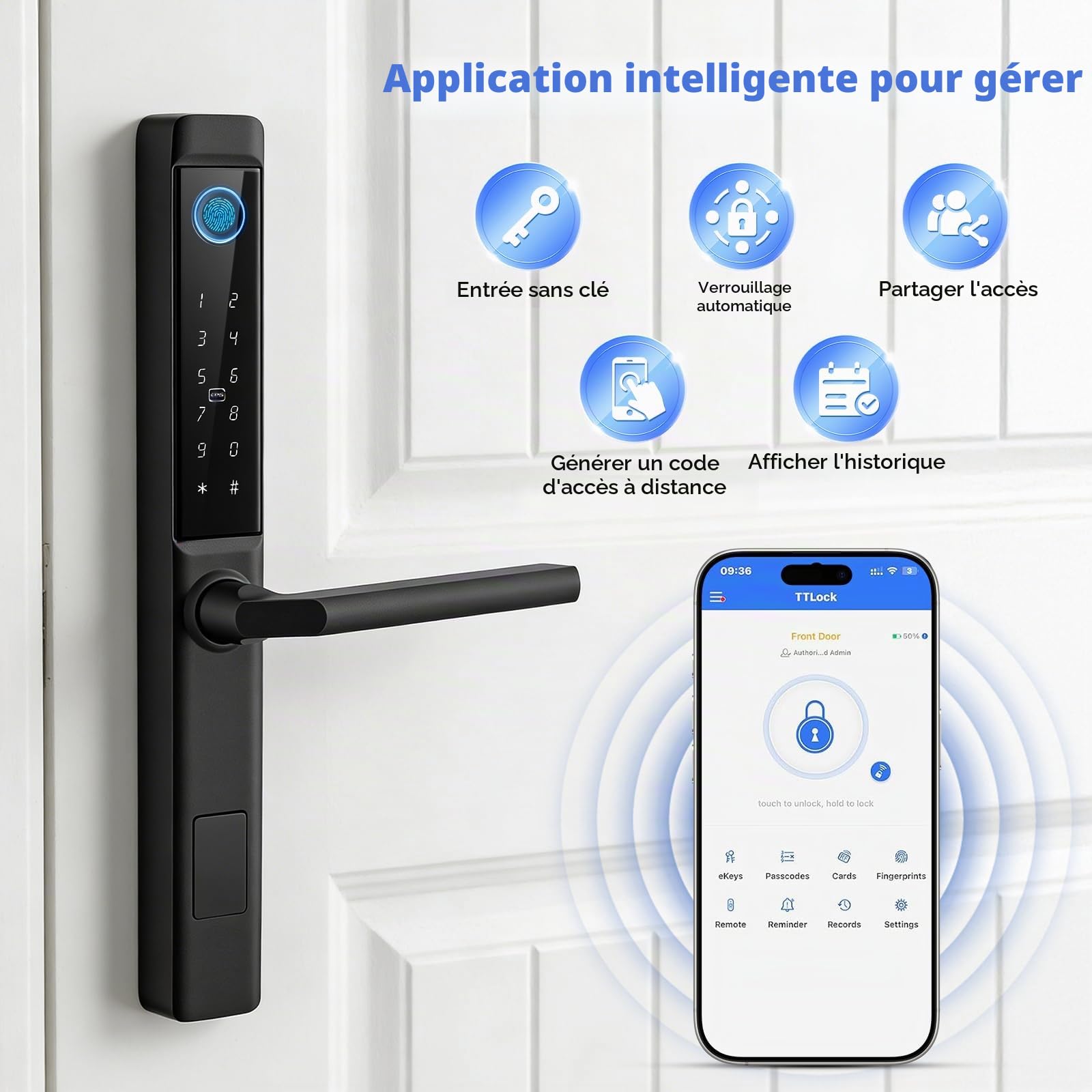 Serrure de porte intelligente Eirolace avec empreinte digitale, serrure de porte d’entrée intelligente avec poignée et clavier tactile, empreinte digitale à semi-conducteur, RFID/APP/Code/Télécommande