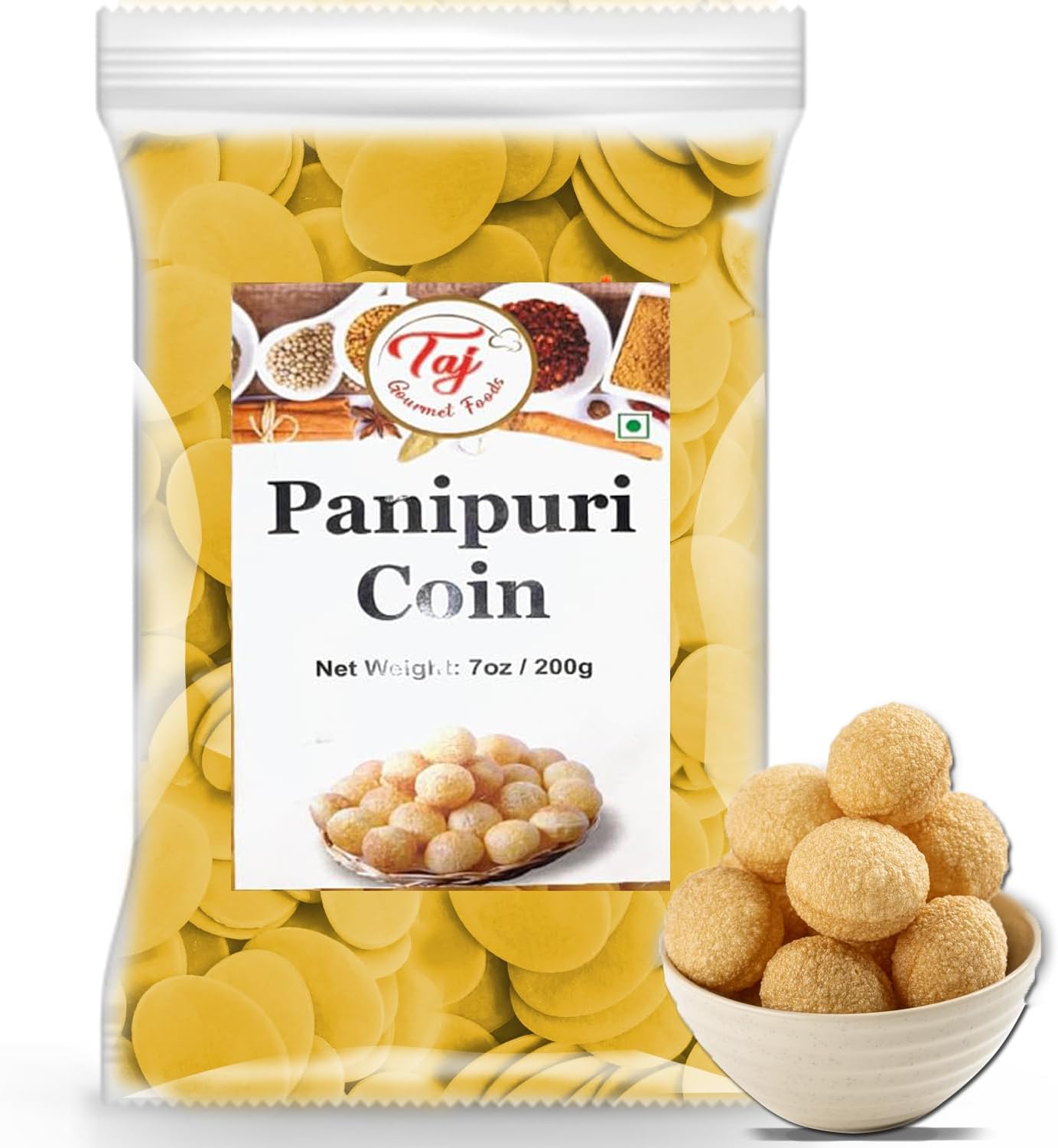 TAJ Pani Puri Coins | Flat Puri | Uncooked | Microwaveable | 7oz (200g)