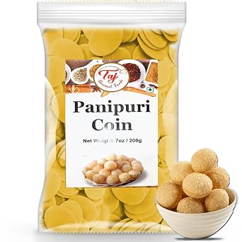 TAJ Pani Puri Coins | Flat Puri | Uncooked | Microwaveable | 7oz 200g