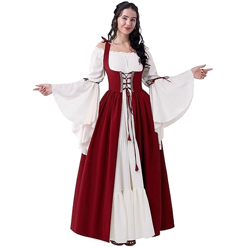 Spooktacular Creations Halloween Renaissance Costume Women, Renaissance Corset Dress, Plus Size Medieval Chemise for Cosplay - Burgundy - 3X-Large