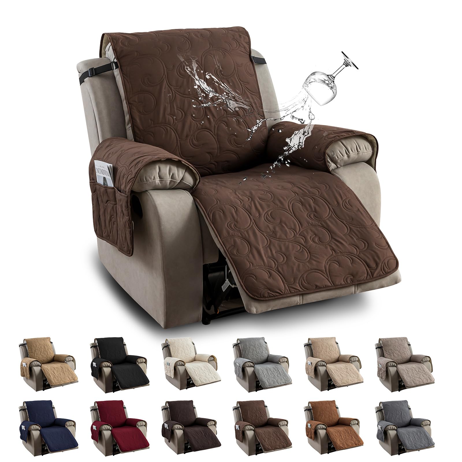 100% Waterproof Recliner Chair Cover, Recliner Chair Covers for Reclining Chair, Non-Slip Fabric Recliner Couch Cover for Living Room, for Pets Kids