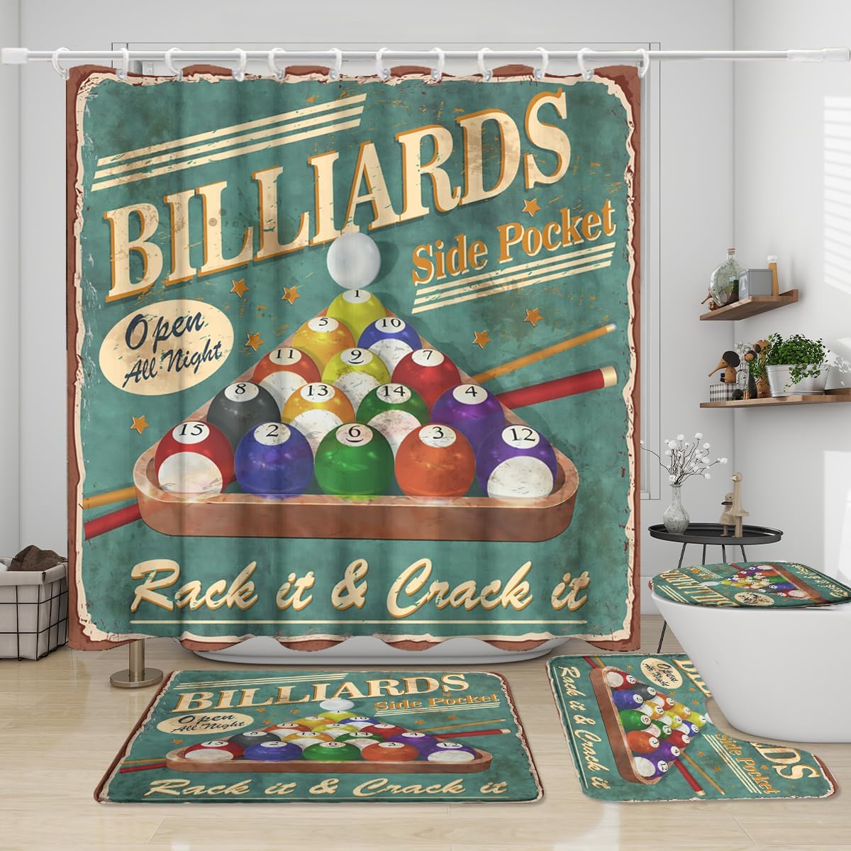 Vintage Snooker Billiards Shower Curtain Sets 4 Pcs,Retro Rustic 1950s Game Sports Theme Billiard Pool Balls Bathroom Decor with Rugs Include Waterproof Non-Slip Toilet Lid Cover Bath Mat