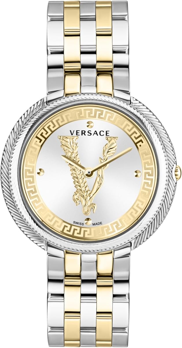 Versace Thea Women’s Watch, Swiss Made Luxury Designer Watch with Silver Sunray Dial, Two-Tone 38mm Stainless Steel Case, Two-Tone Bracelet, Deployant Clasp, 5 ATM