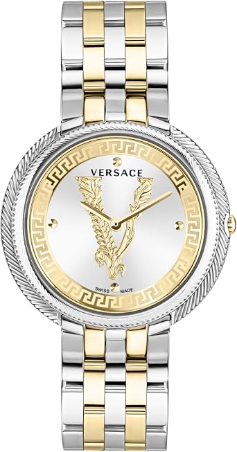 Versace Thea Womens Watch, Swiss Made Luxury Designer Watch with Silver Sunray Dial, Two-Tone 38mm Stainless Steel Case, Two-Tone Bracelet, Deployant Clasp, 5 ATM