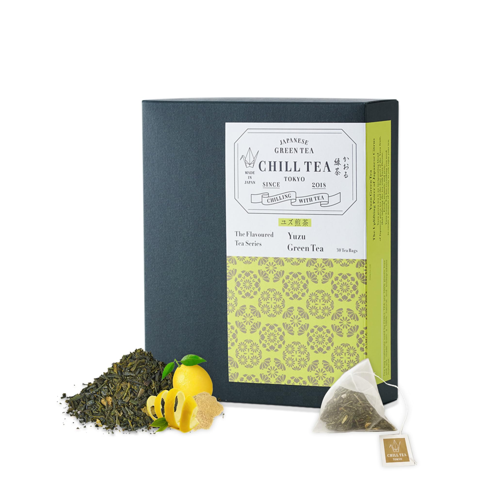 Thé vert au Yuzu de CHILL TEA Tokyo - Thé vert en feuilles 100% japonais aux agrumes japonais -100% sans plastique sachets - Saveur fruité et rafraichissante (30 sachets)
