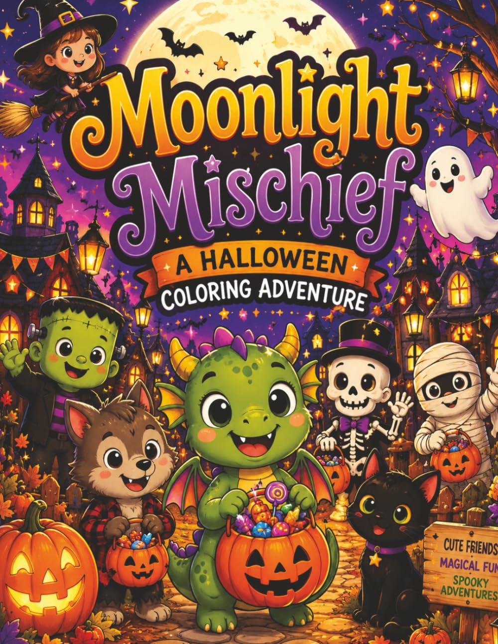 Moonlight Mischief: A Halloween Coloring Adventure: Cute & Spooky Fun with Friendly Ghosts, Smiling Pumpkins, Happy Monsters, Witches, Dragons, and More!
