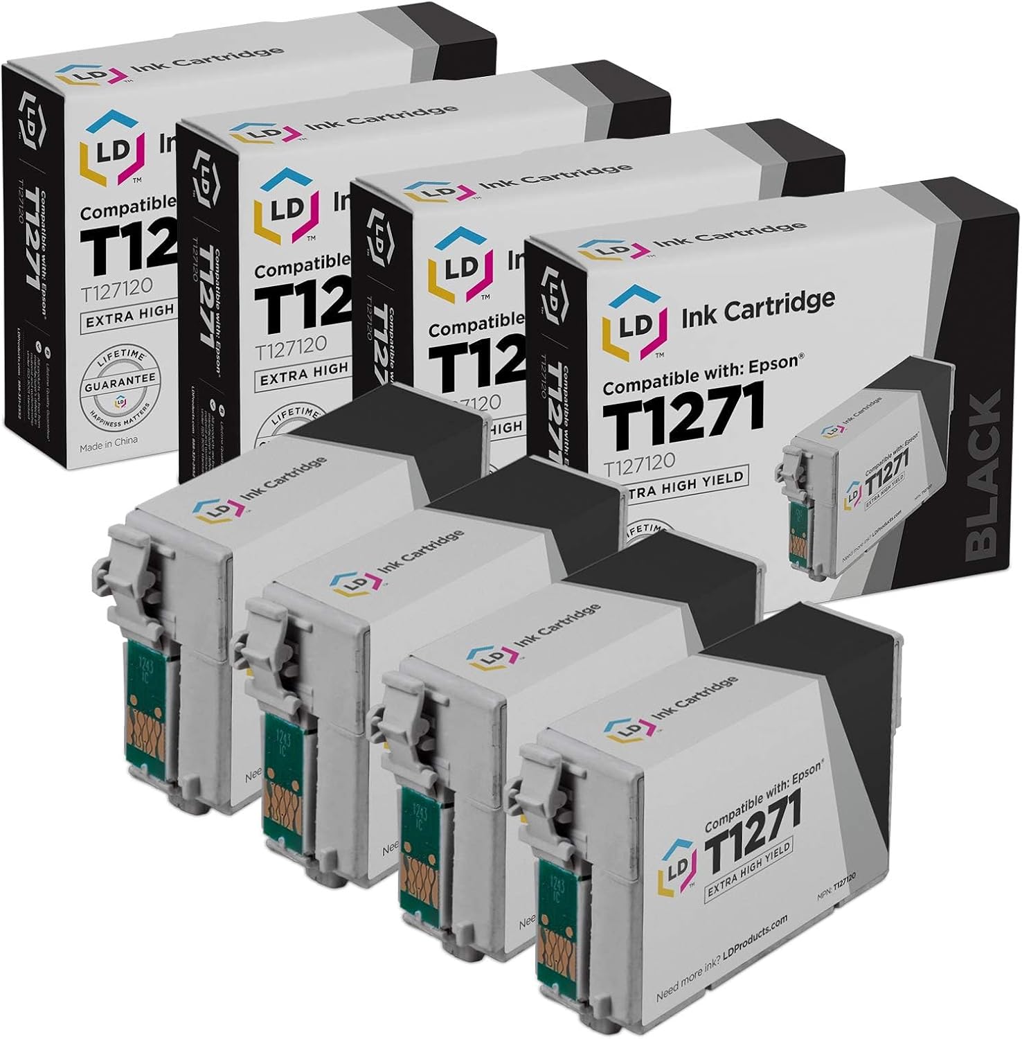 LD Products Brand Ink Cartridge Replacement for Epson 127 T127120 Extra High Yield (Black, 4-Pack) Compatible with Epson Workforce WF-3530 545 840 845 WF-7010 633 WF-7520 60, Stylus NX530 630