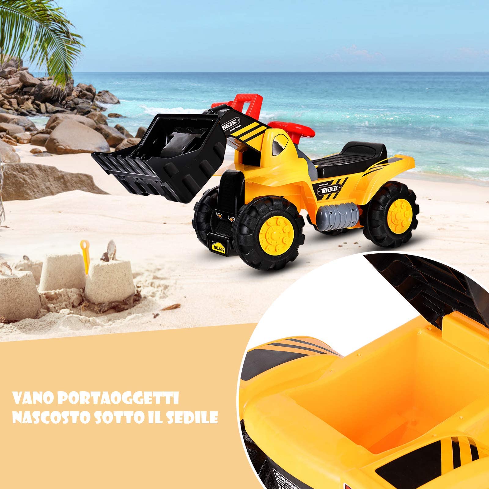 GYMAX Ruspa Cavalcabile Giocattolo per Bambini più di 3 Anni, Escavatore con Spazio di Archiviazione sotto La Sedia, Giallo, 85x45x30 cm
