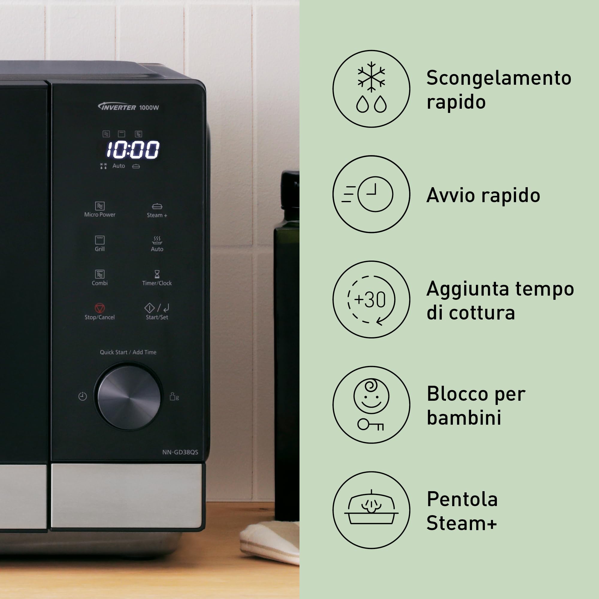 Panasonic NN-GD38QSEPG Forno a Microonde Grill 29L con Teglia Steam+, 1000W, Scongelamento Automatico, Cottura Combinata, Timer, Nero e Acciaio Inox