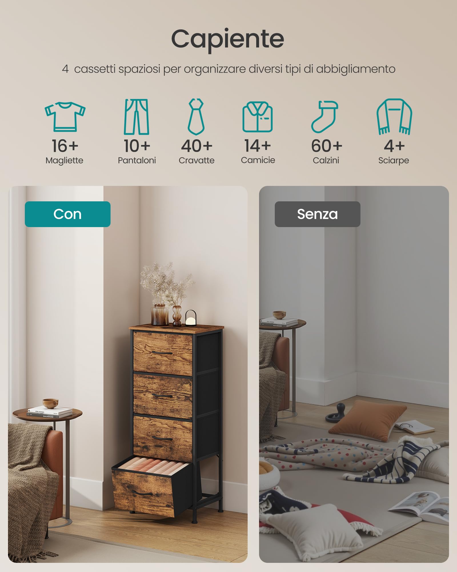SONGMICS Cassettiera 4 Cassetti 30x39,6x95,2 Cm – Acciaio E MDF, Effetto Legno Vintage, Per Camera E Ingresso, Con Kit Antiribaltamento