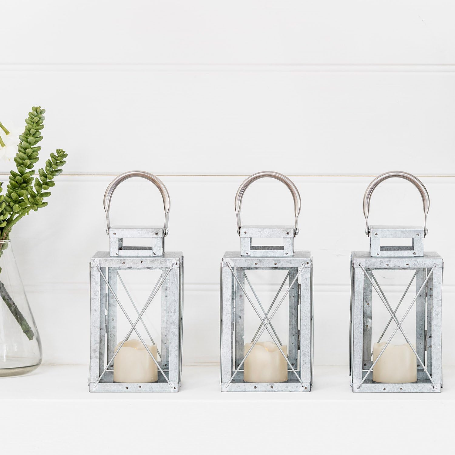 Lights4fun, Inc. Set of 3 Galvanised Metal Battery Operated LED Fully Weatherproof Outdoor Garden & Patio Flameless Candle Lanterns