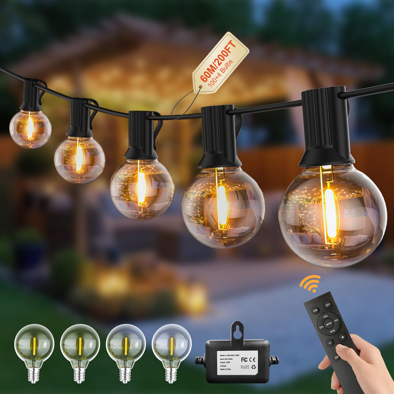 Pogestrand Luci Da Esterno Giardino G40 60M Festoon Lights Alimentazione 24V Con Telecomando Dimmerabile Timer 100 Lampadine Infrangibili Impermeabile Per Patio Giardino Balcone Gazebo
