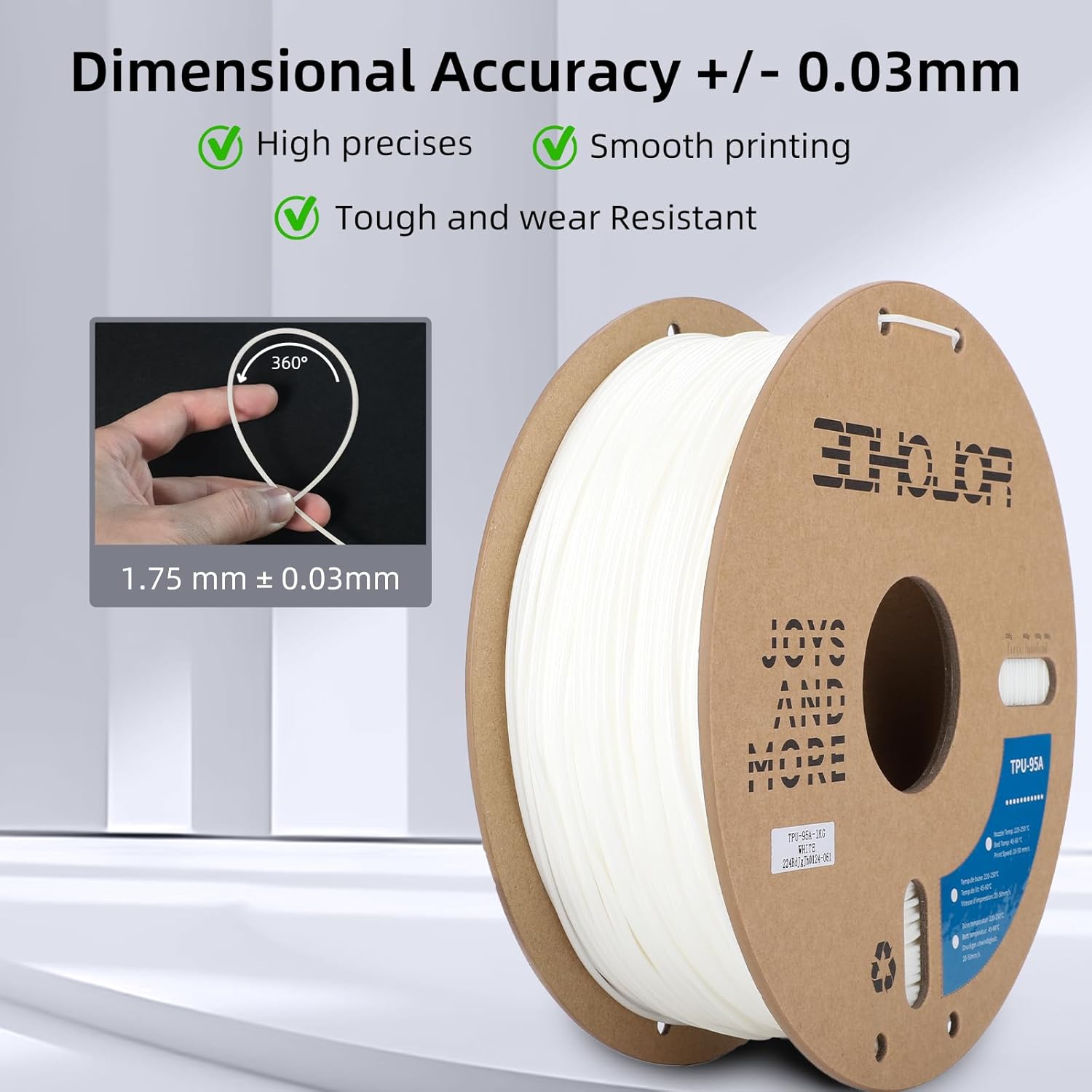 3DHojor TPU Filament 1.75mm TUP95A 3D Printer Filament Flexible Soft 3D Filament 1KG (2.2lbs) fit Most FDM 3D Printers Dimensional Accuracy +/- 0.03 mm-White