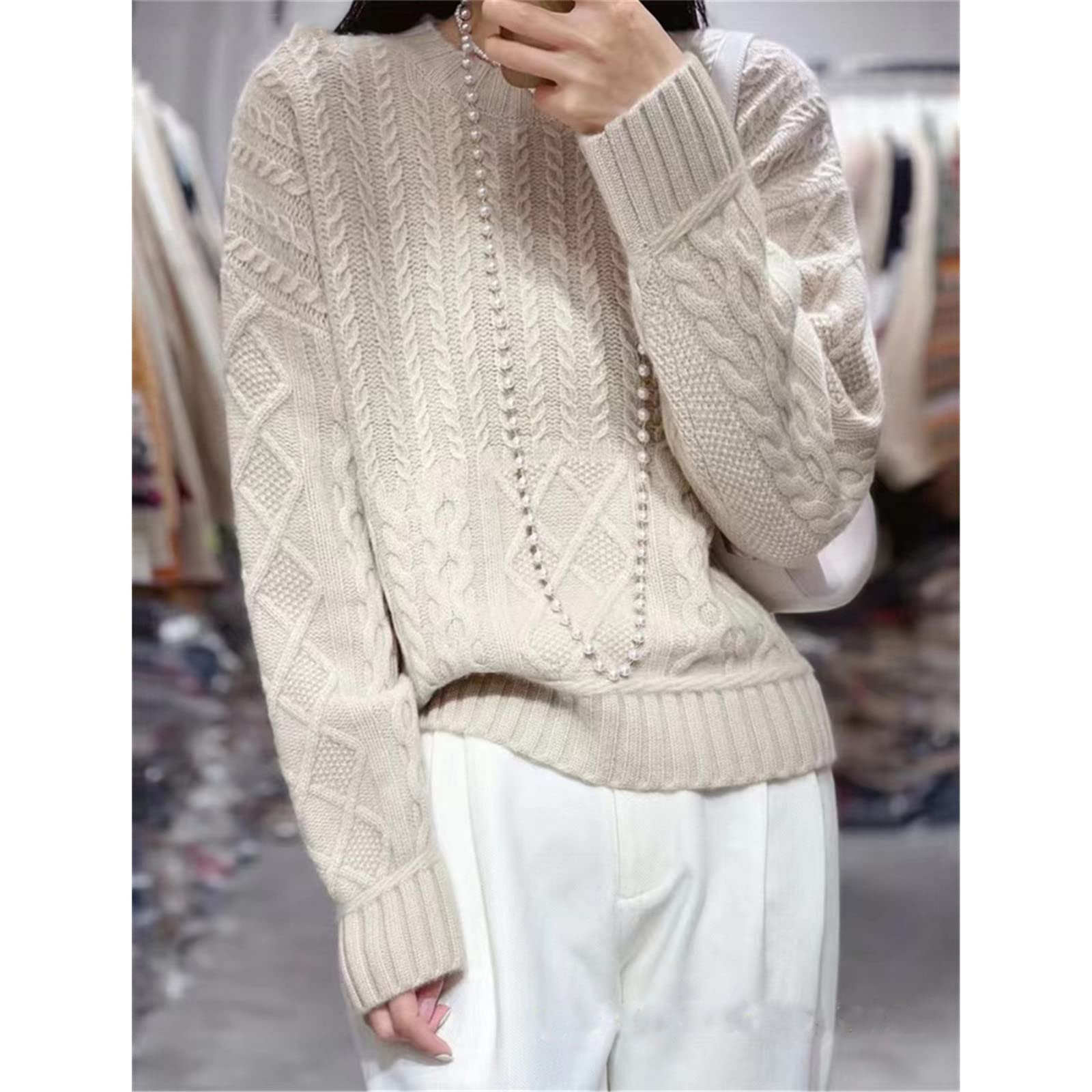 Kelsiop Maglione in lana cashmere maglione girocollo da donna primavera e autunno moda maglione sciolto spesso