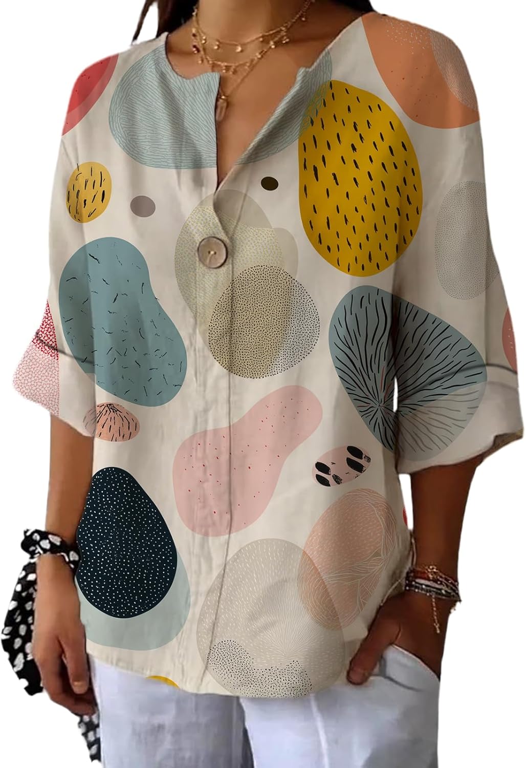 90S Shirts Women Vacation Beach Flower Printed T-Shirt Three-Quarter Sleeve V Neck Plus Size Breathable Tees