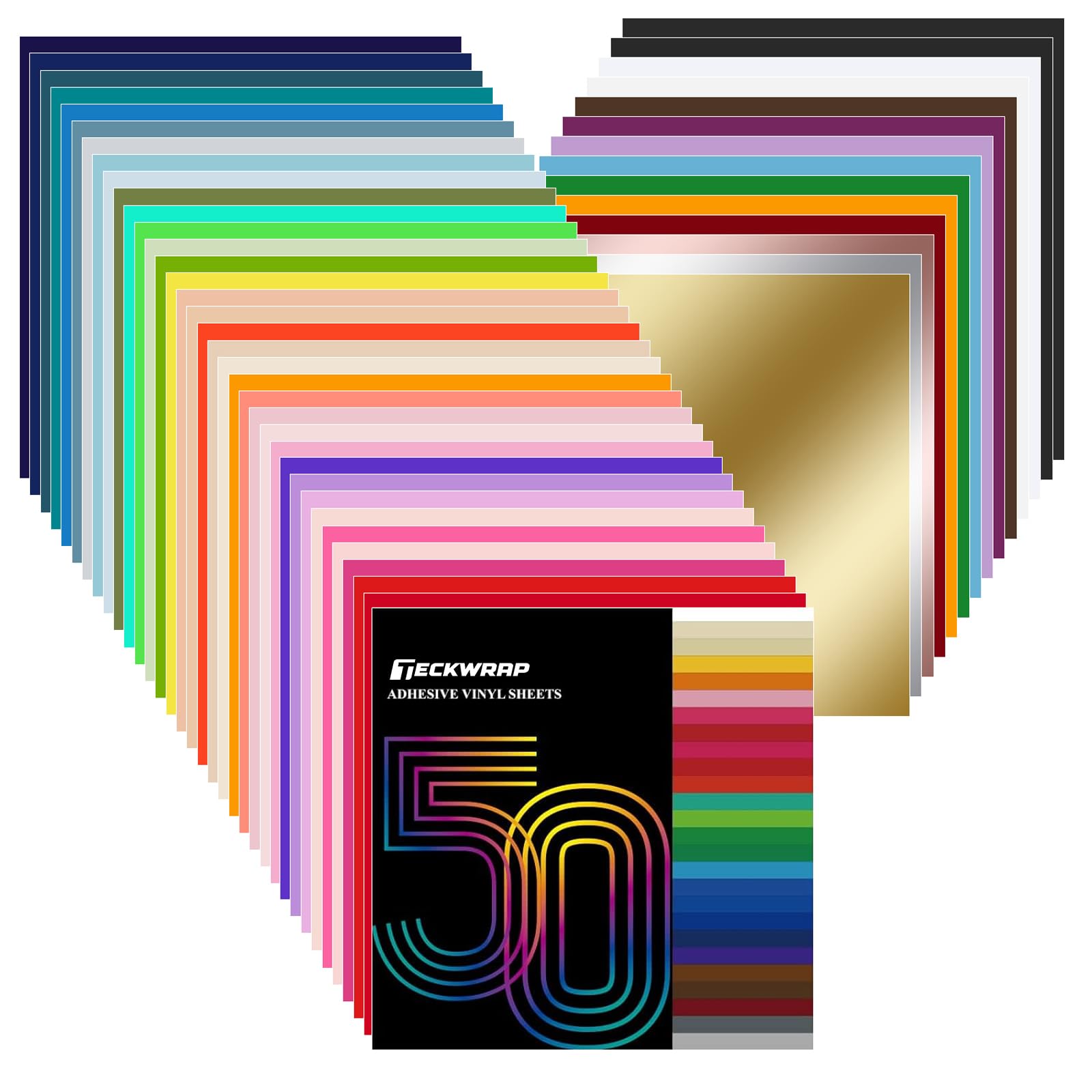 TECKWRAP 50 Pack 12" x 12" Permanent Adhesive Vinyl Sheets 48 Assorted Colors (Glossy & Matte) with 2 Transfer Tape for DIY Crafting, Decor Sticker Compatible with Cutting Machines