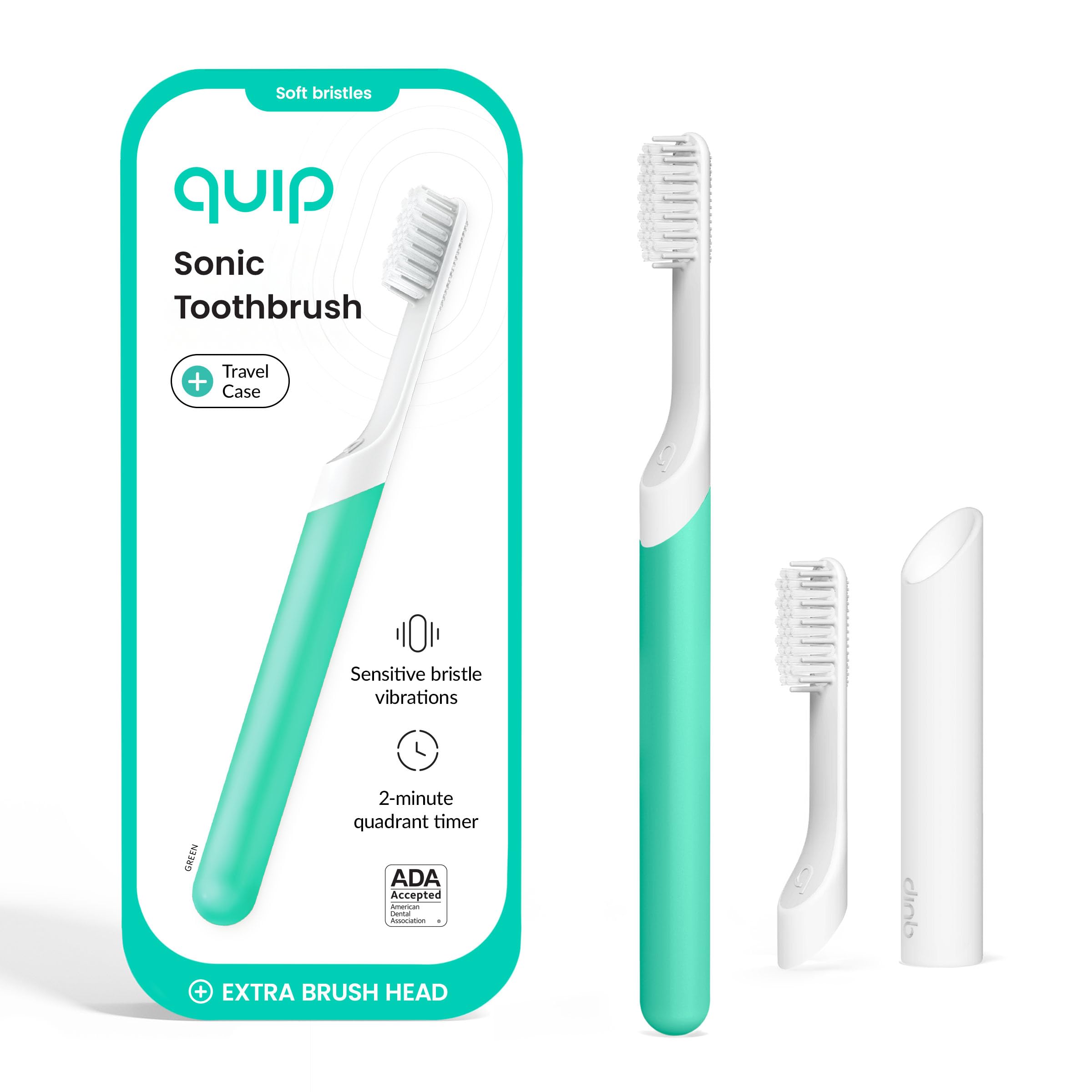 Quip Sonic Toothbrush for Adults with Timer - Includes Extra Brush Head and Travel Cover Mount - Electric, Soft Bristle Refill Head, Plastic Handle, 3