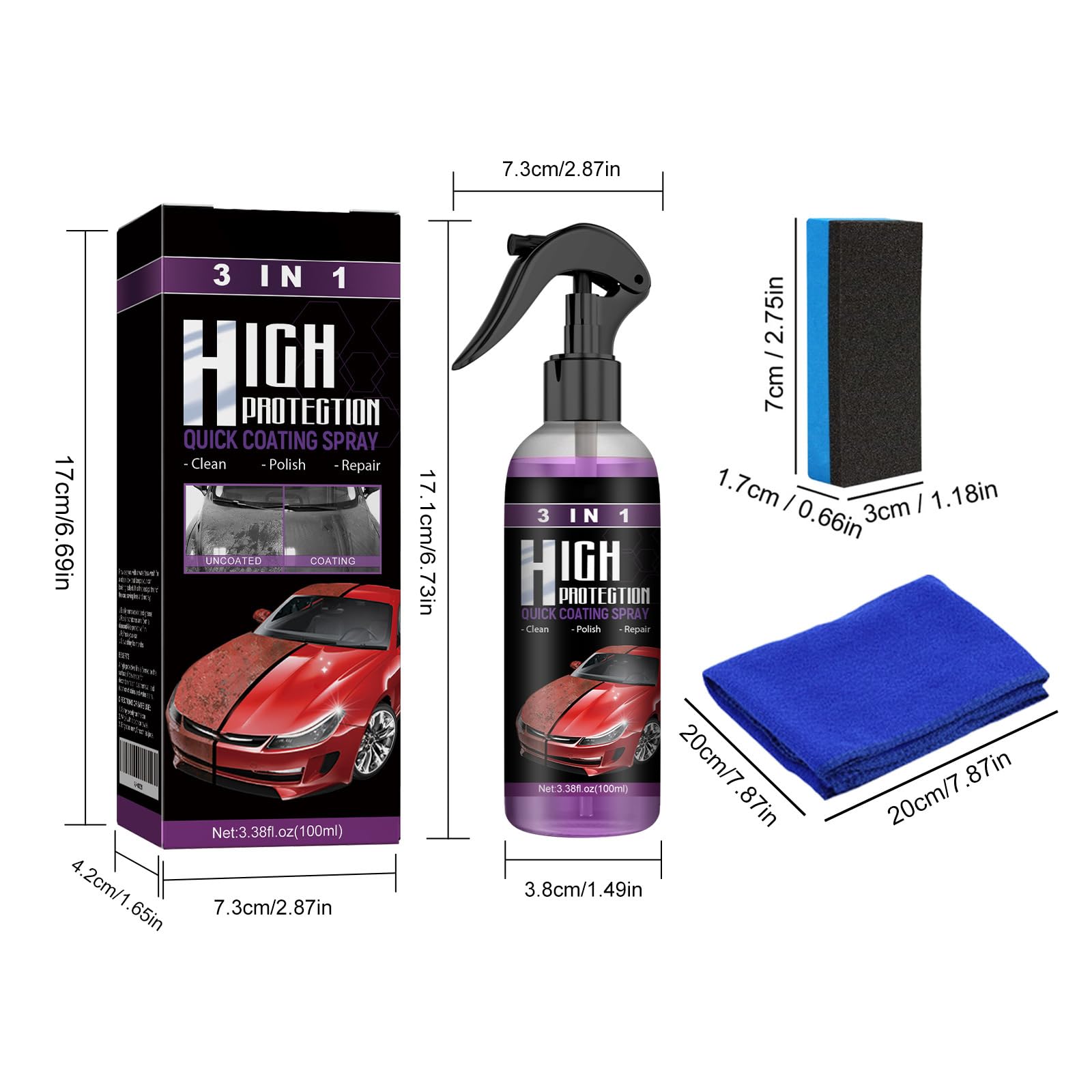 3PCS Car Coating Spray Tool Set, 3 in 1 High Protection Quick Car Coating Spray, Multi-functional Car Coating Spray, Nano Coating Spray for Cars, Car Scratch Repair Spray