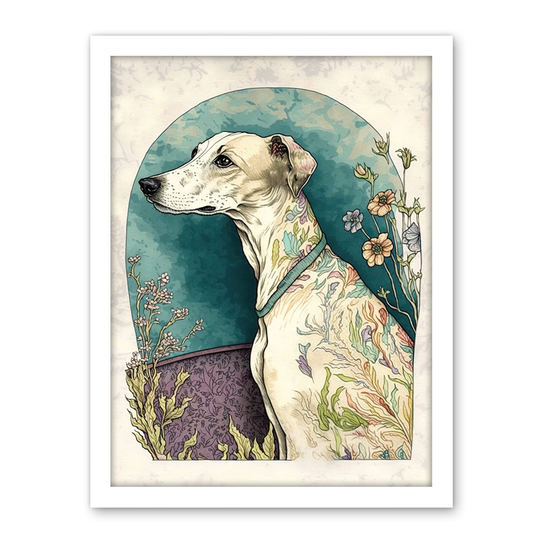 Artery8 Whippet Dog with Flowers Modern Multicoloured Watercolour Illustration Artwork Framed Wall Art Print 18X24 Inch