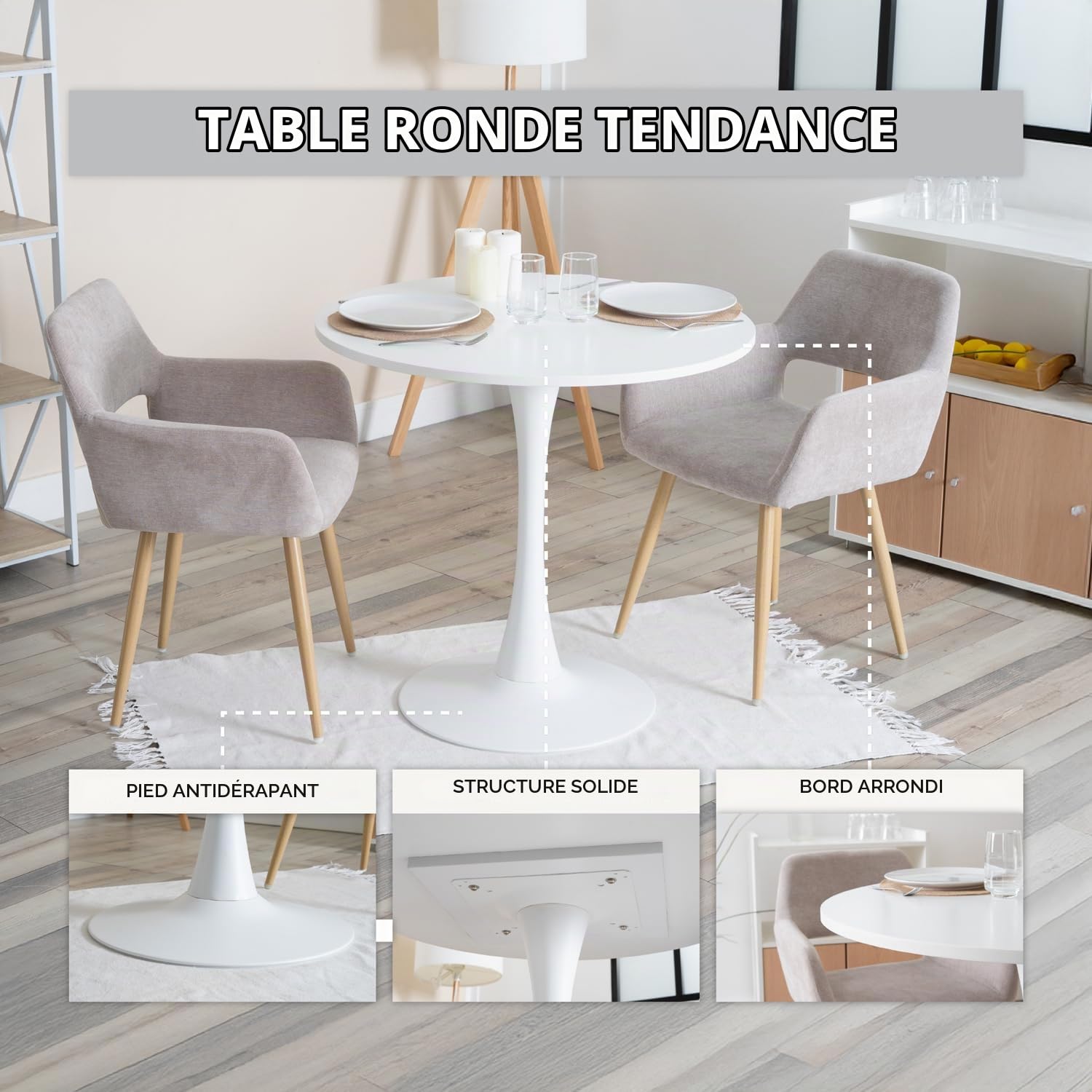 Meuble Cosy Table à Manger Ronde pour 2-4 Personnes, Table de Cuisine Scandinave avec Pieds en Forma de Trompeta, Blanc, 80x80x75cm