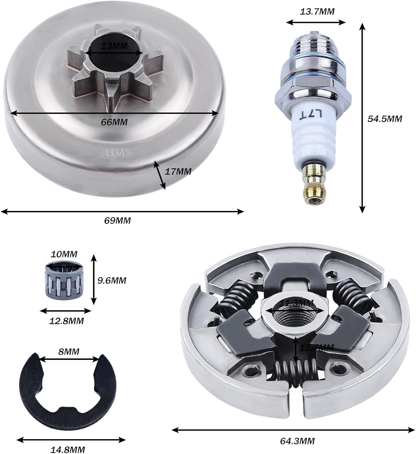 Chainsaw 7pcs Kit Sprocket Clutch Drum 3/8" for Stihl 017 018 021 023 MS170 MS180 MS210 MS230 MS250 Replacement Parts with Needle Bearing Washer E-Clip Worm Gear for 1123 640 2003, 1123 640 2073 : Patio, Lawn & Garden