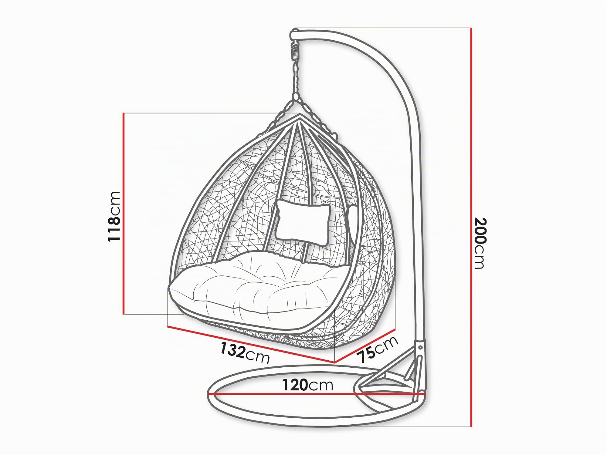 Mirjan24 Fauteuil suspendu Torn avec rembourrage et coussin, 2 places en polyrotin avec structure, chaise suspendue d'extérieur pour deux personnes, panier suspendu, 2 places (gris/gris)