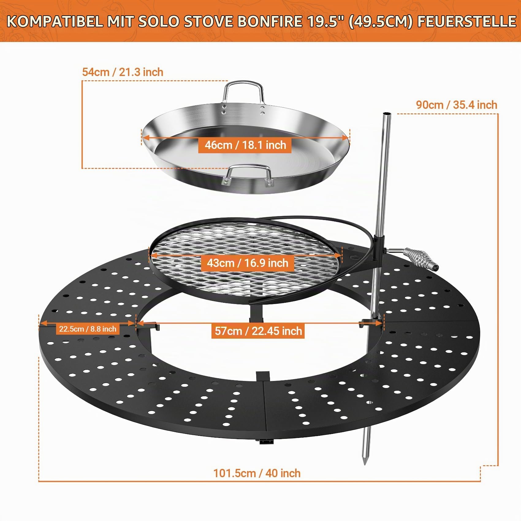 onlyfire 3-in-1 Feuerstelle Surround Tischplatte für Solo Stove Bonfire 49,5cm, Höhenverstellbar & 360° Schwenkbar, Abnehmbar Runde Feuerstellentisch mit Grillrost & Pfanne für Getränke und Speisen