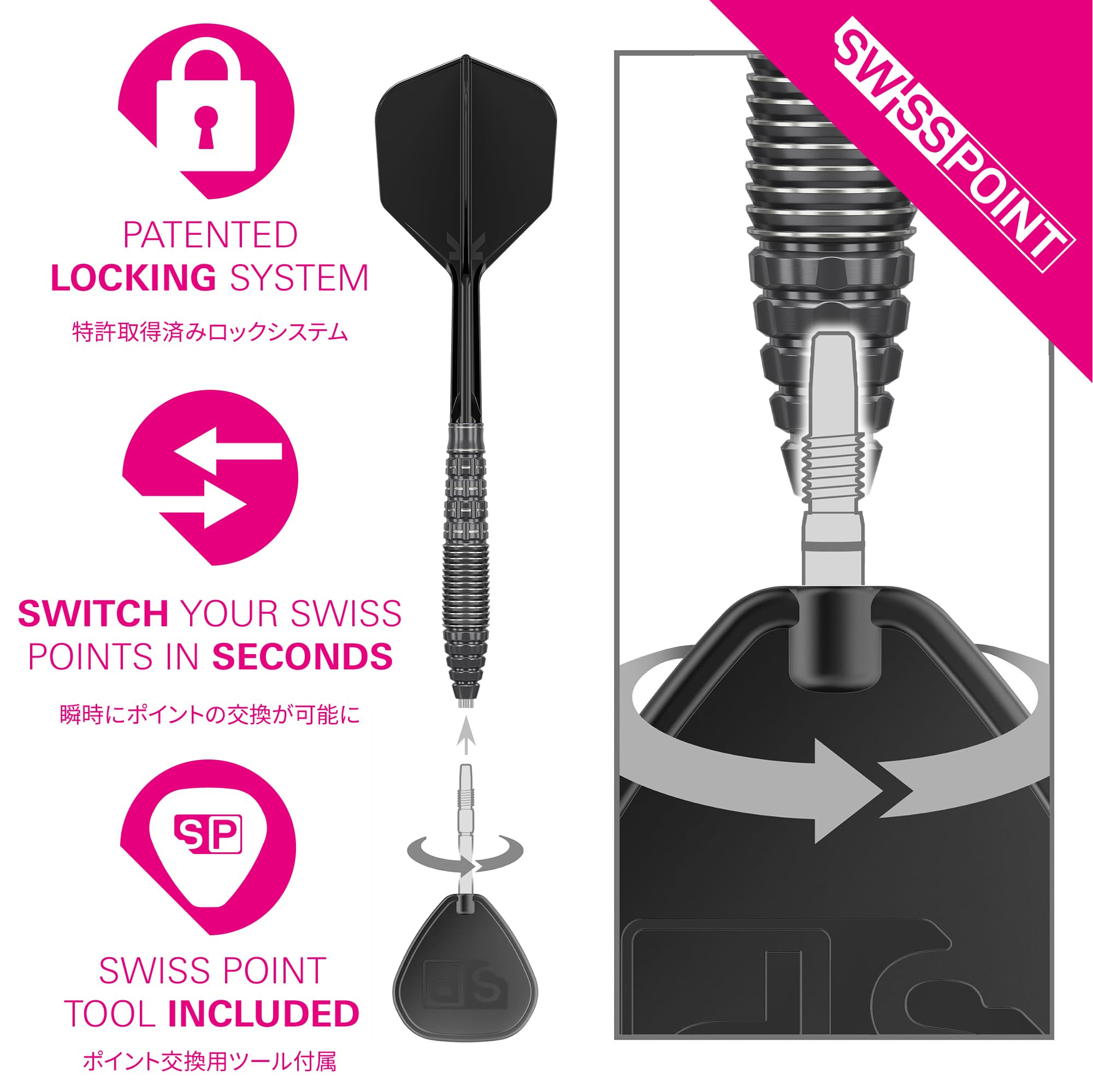 Target Japan Black Marque Phantom Zestaw rzutek ze stalowymi końcówkami K-Flex Swiss Point 90% wolframu, lotki KFlex Dart, szwajcarskie nano-pointy, czarno-srebrne stalowe końcówki rzutek