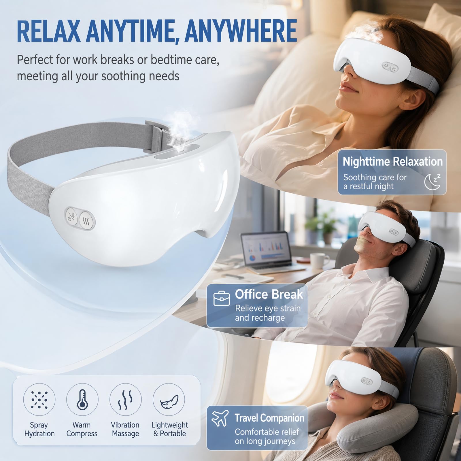 Masque de thérapie à la vapeur, appareil portable de thérapie à la vapeur avec chaleur et temps réglables, défroisseur vapeur chauffant pour les yeux secs, appareil chauffant pour les yeux secs