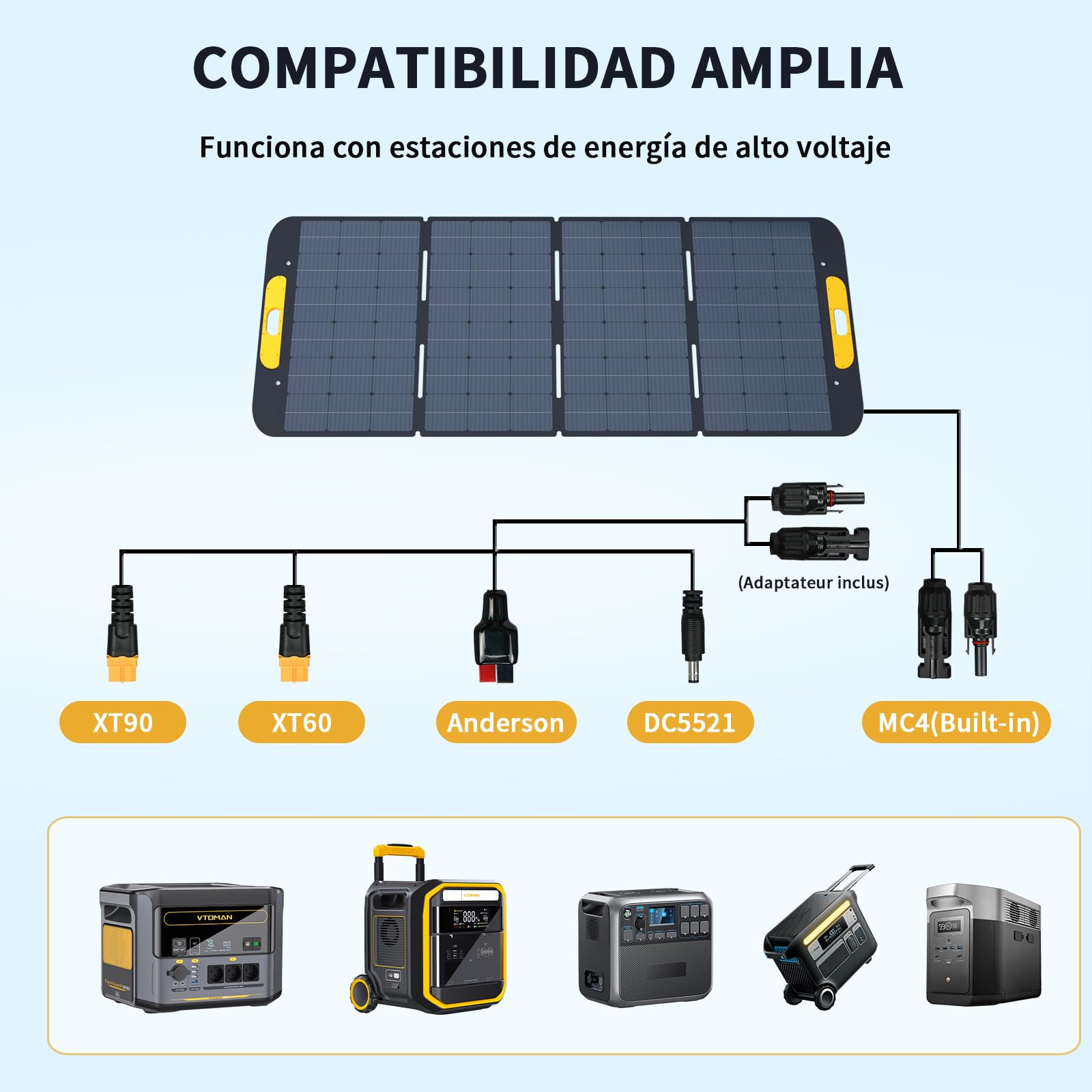 VTOMAN 400W Panel Solar Portátil 400W 43V con Conversión Alta de 25% Eficiencia, IP67 Impermeable con 4 en 1 Adaptadores Anderson XT60 XT90 DC5521, Apto para FlashSpeed 1500/FlashSpeed 1000