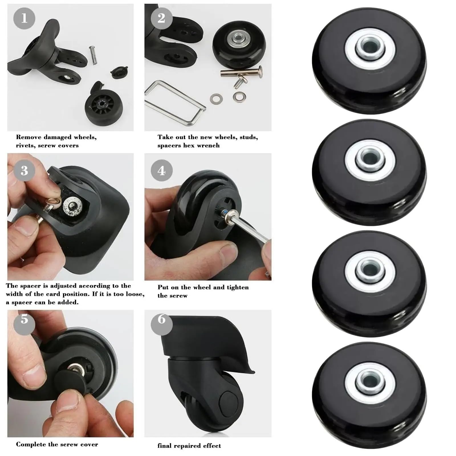 Rueda para Maleta de Viaje Kit De Reparación Y Reemplazo Ruedas Silenciosas For Maletas: Ejes 40 Mm/50 Mm/60 Mm Diámetro(60mm-18mm-4Wheels)