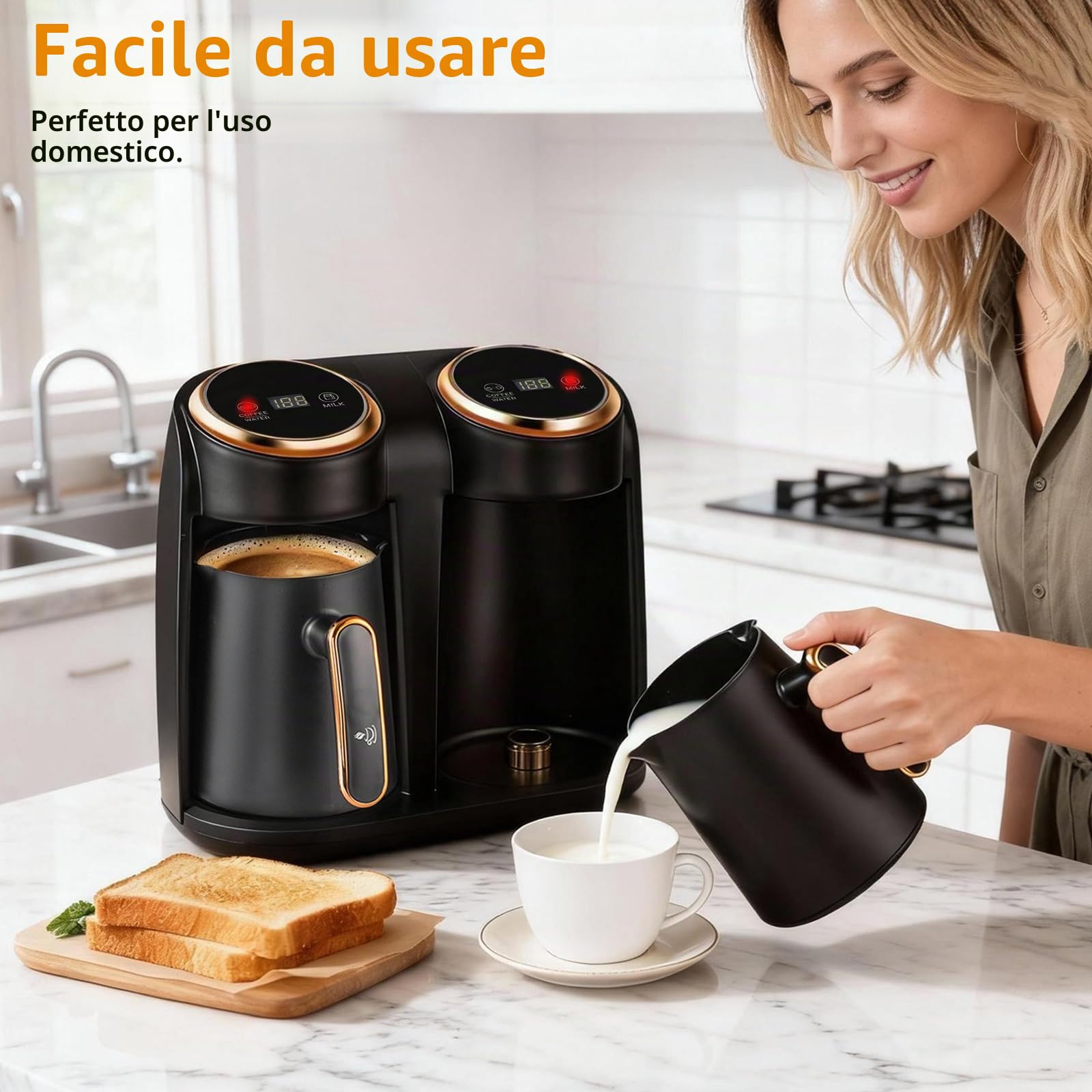 Macchina per Caffè Turco, 600W, Macchina Elettrica per Caffè Turco con 2 Pentole da 300ml, Controllo Touch e Display LED, Spegnimento Automatico, Apparecchio per Bevande Calde per Uso Domestico