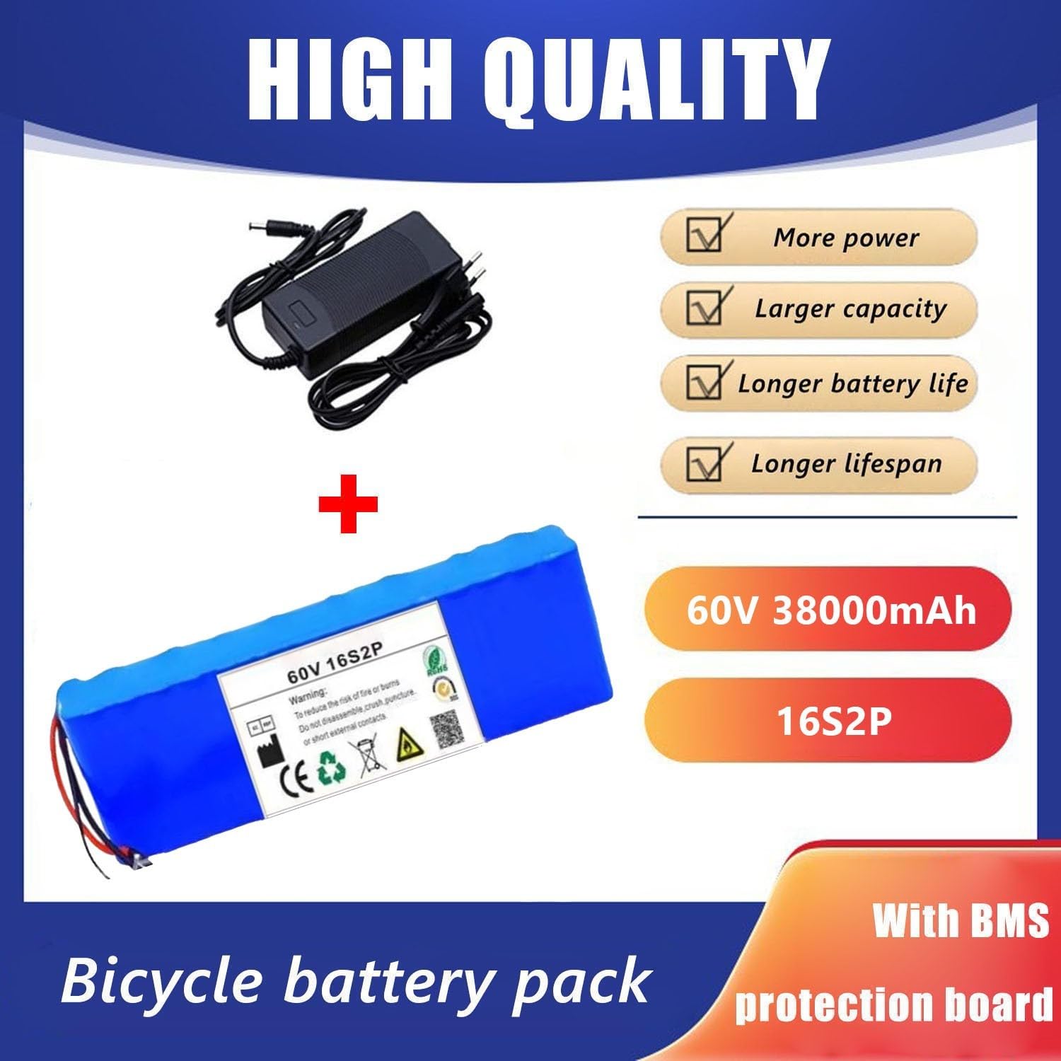 60V 38Ah 16S2P Wasserdichter Batterien Für Elektrofahrräder Integrierte Schutzschaltung Hochleistungs Akku Für Ebike Scooter Motorrad Go Kart Motor