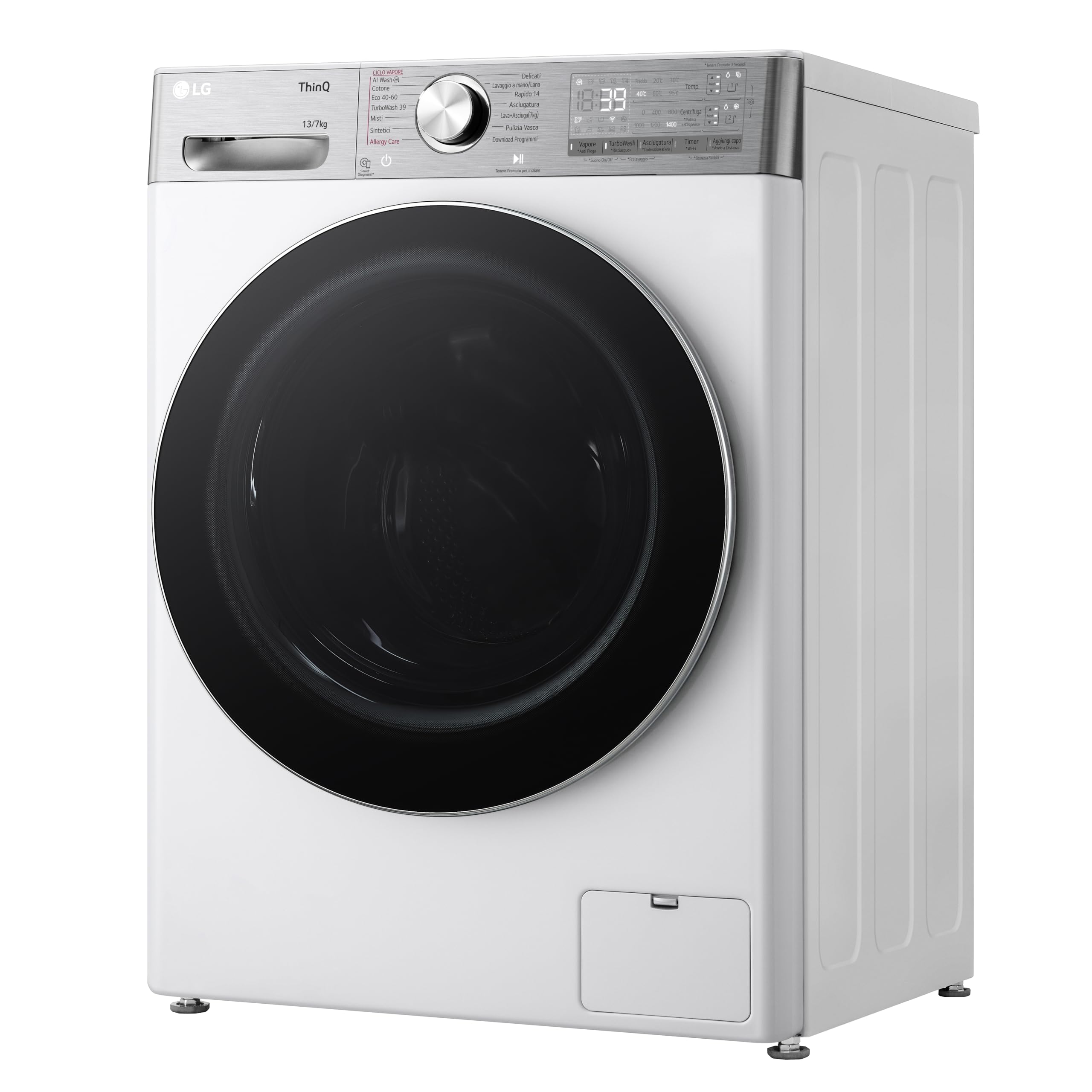 LG AI DD D4R9513TPWC Lavasciuga 13/7kg, Serie R9, Classe D, Lavatrice Asciugatrice, 1400 Giri, TurboWash 360, Vapore Steam+ e Antipiega, Autodosaggio, Wi-Fi, Bianca
