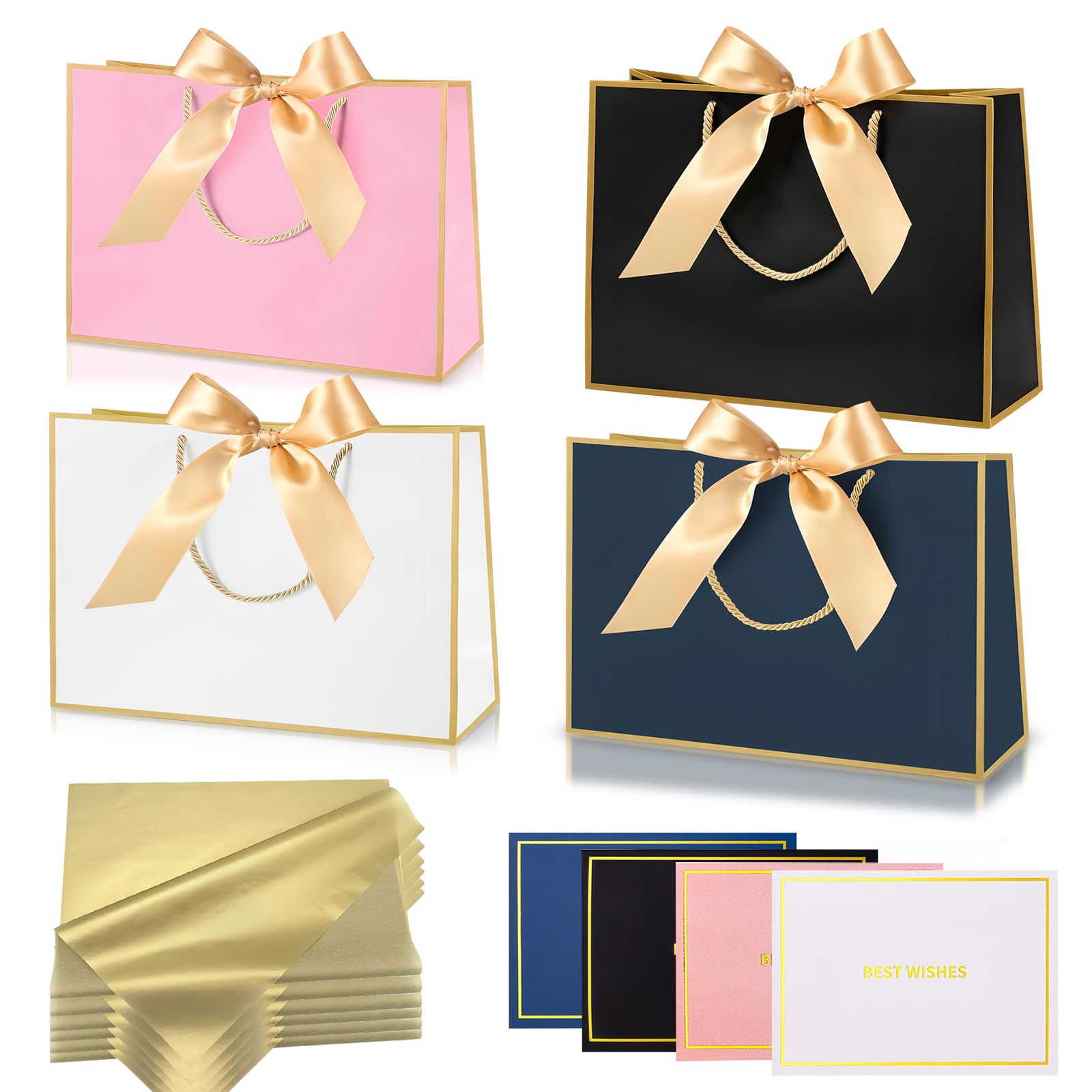 Medium Birthday Gift Bags for Presents,4Pcs White Paper Party Bags With Handles 6 Tissue Papers 4 Ribbons 4 Cards for Man Woman Girl Boy Bridesmaid Wedding Birthday Party Anniversary (Color-Four) โ image 1
