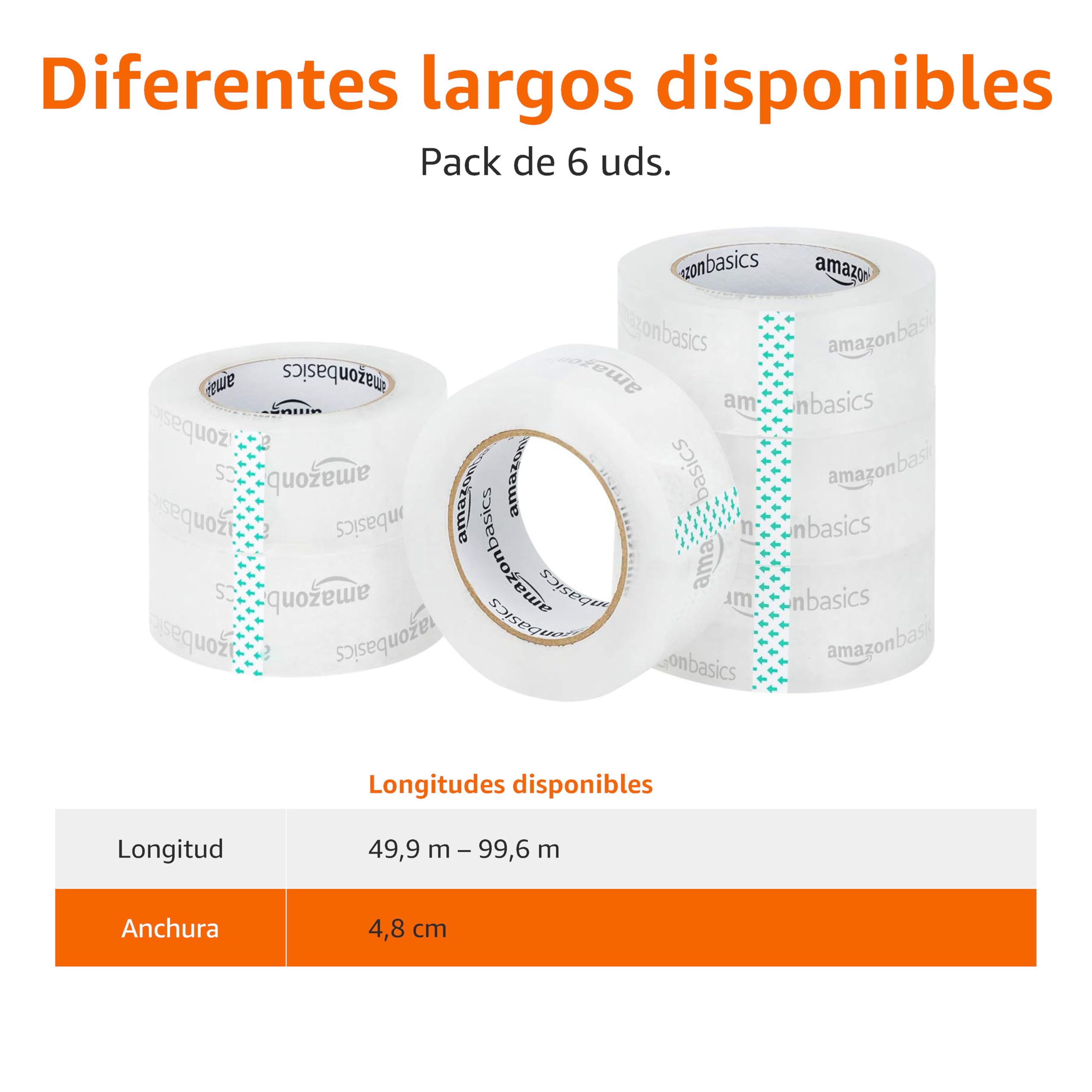 Amazon Basics Cinta de embalaje 6 unidades, 4,7 cm x 99,6 m, transparente