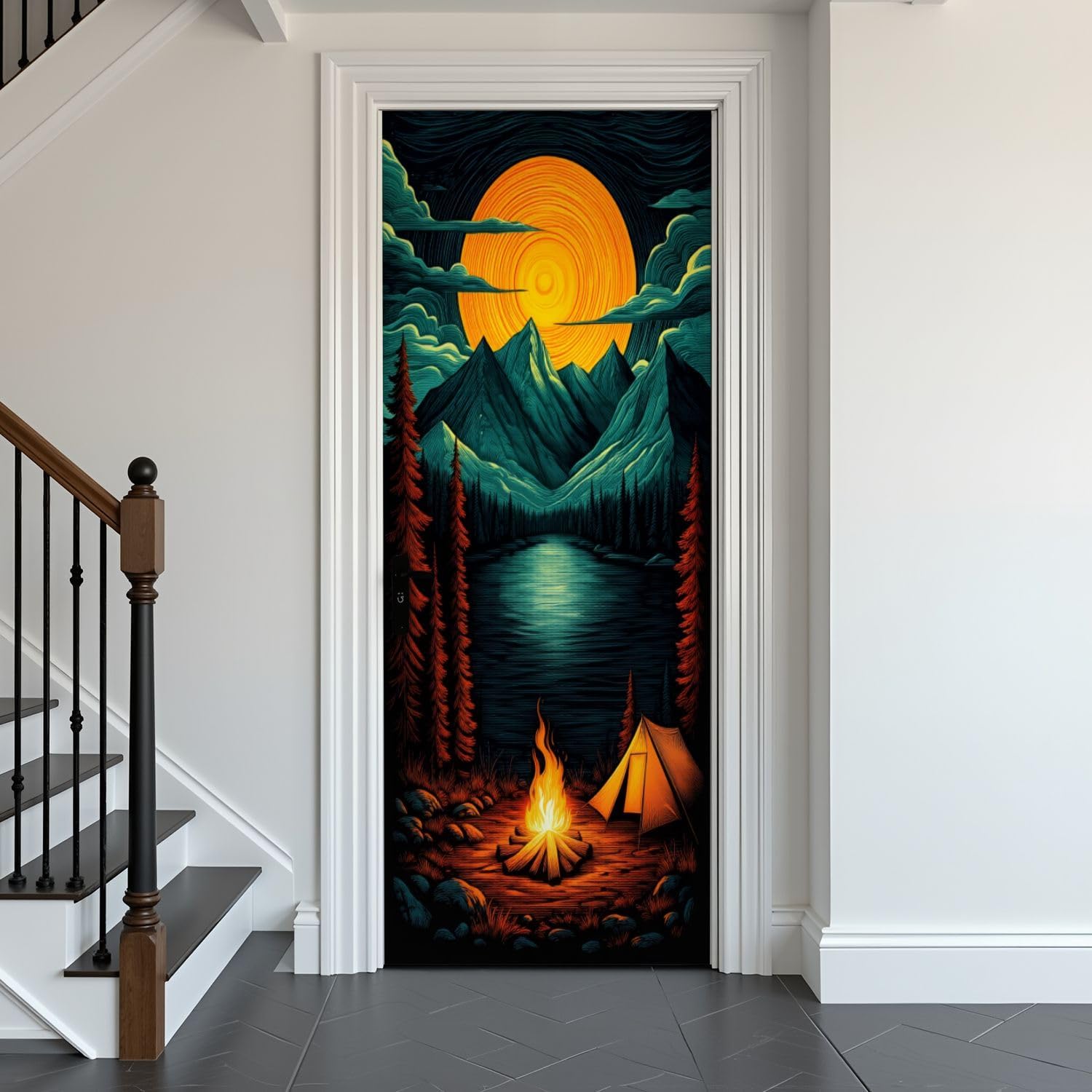 Door Stickers Peel and Stick Door Mural Campfire Wilderness Mountain Lake View Under Full Moon Removable Wallpaper 30.3''x78.7'' Self-Adhesive Mural for Kitchen Living Room Bedroom Decor