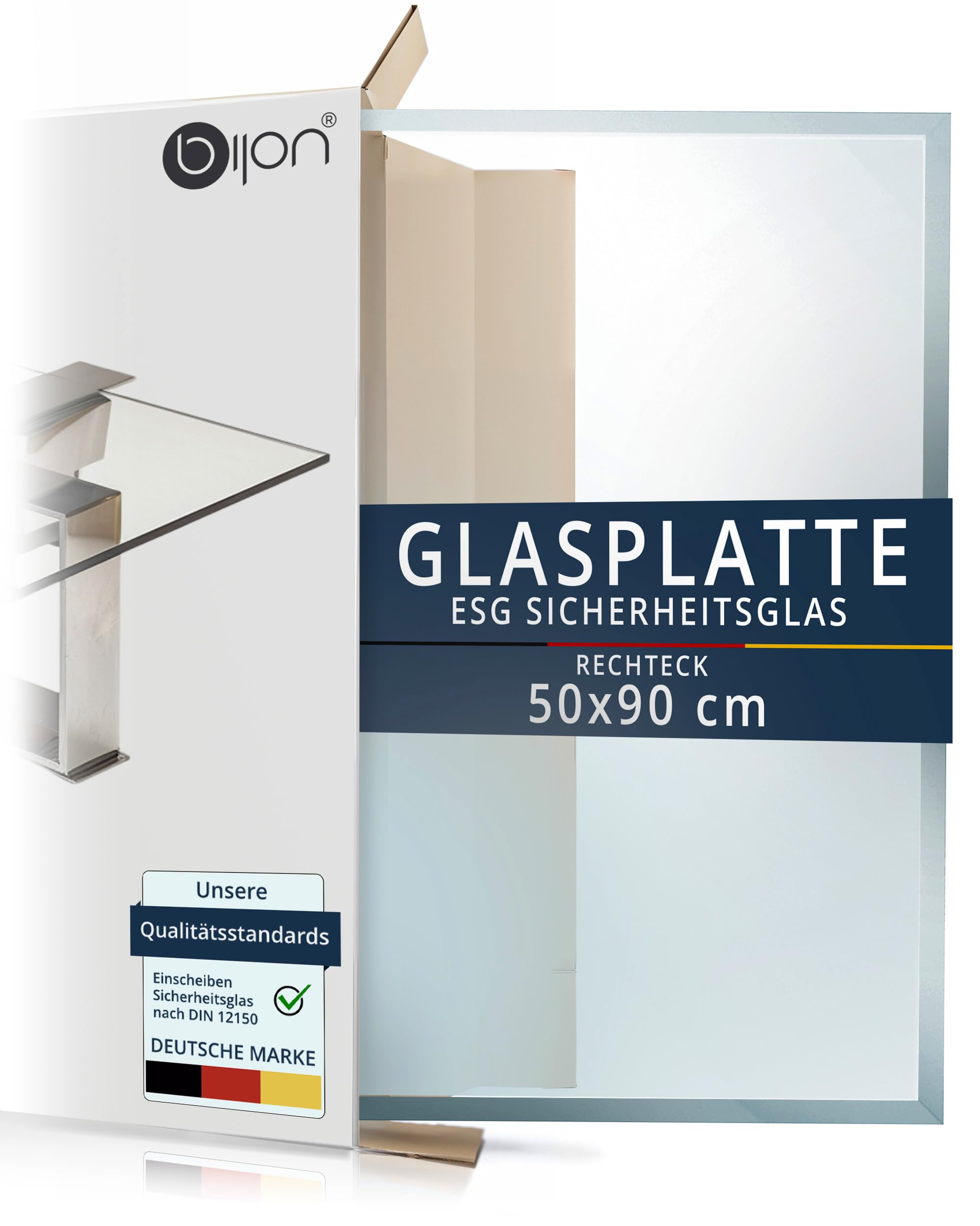 bijon Glasplatte Tisch ESG Sicherheitsglas Rechteck - Für Esstisch, Couchtisch, Gartentisch, Schreibtisch, Bodenplatte, Funkenschutz, Kaminschutz - Glasplatte 50x90 cm oder 90x50cm