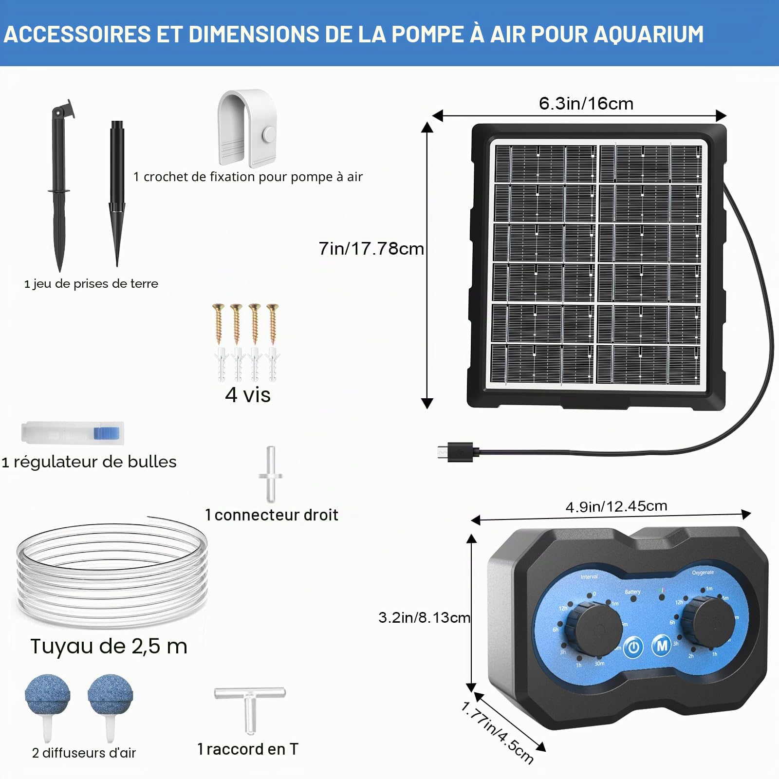 Pompe à air solaire oxygénateur pour étang, bouton de rotation simple, aérateur solaire pour étangs extérieurs avec fonction de minuterie, pour jardin, aquarium, piscine, étang de pêche
