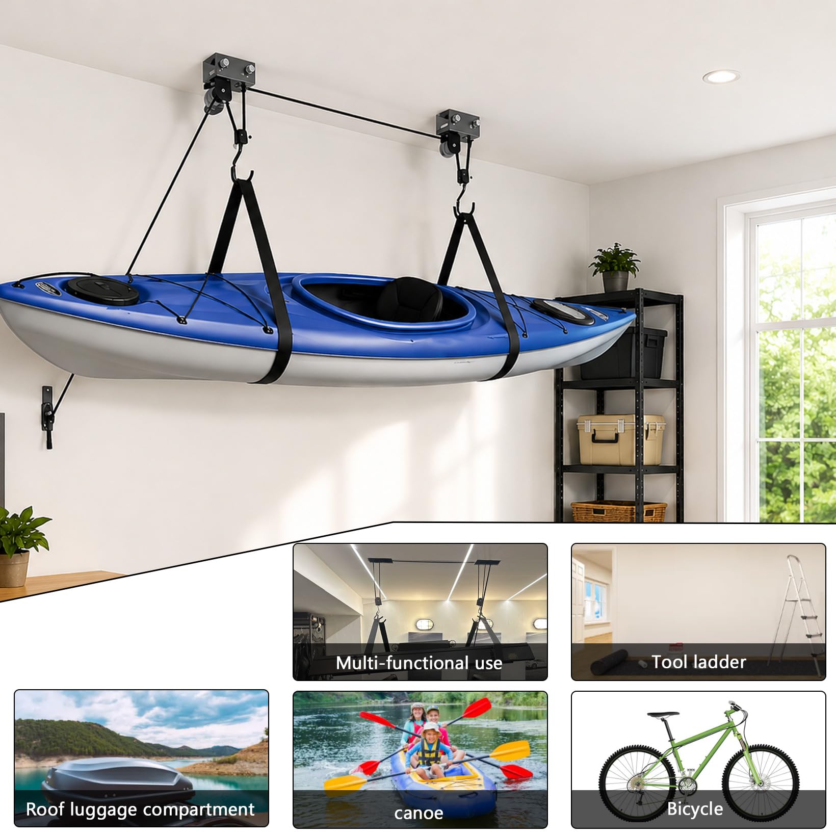 Sistema di sollevamento a puleggia, 45kg, per kayak, bici e scale | Montaggio a soffitto; risparmia spazio; funi incluse.