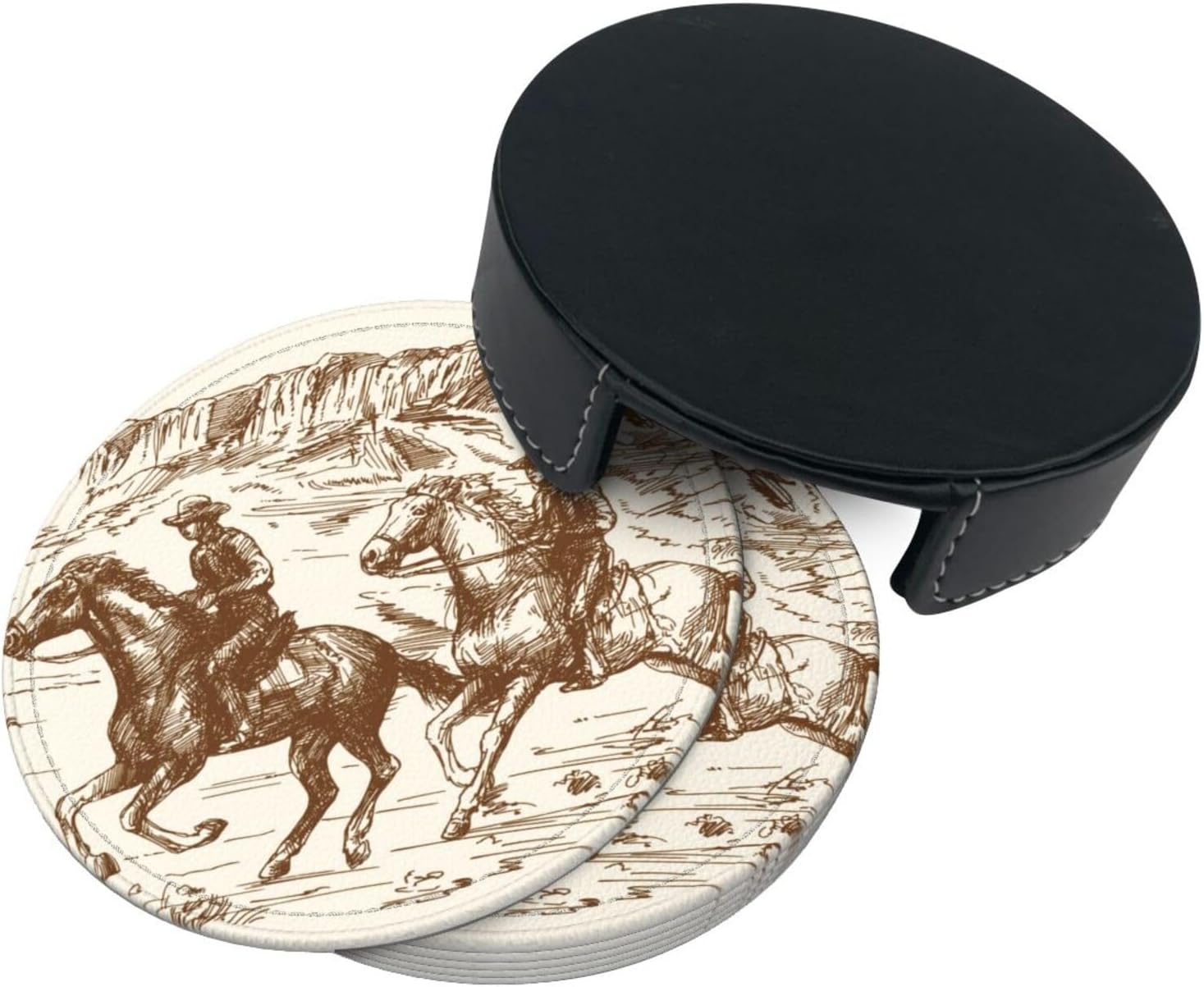 Western Desert Vintage Cowboy Coasters for Drinks Round Leather Coaster with Holder Set of 6 for Tabletop Protection Desk Accessories Office Home Room Decor - Image 9