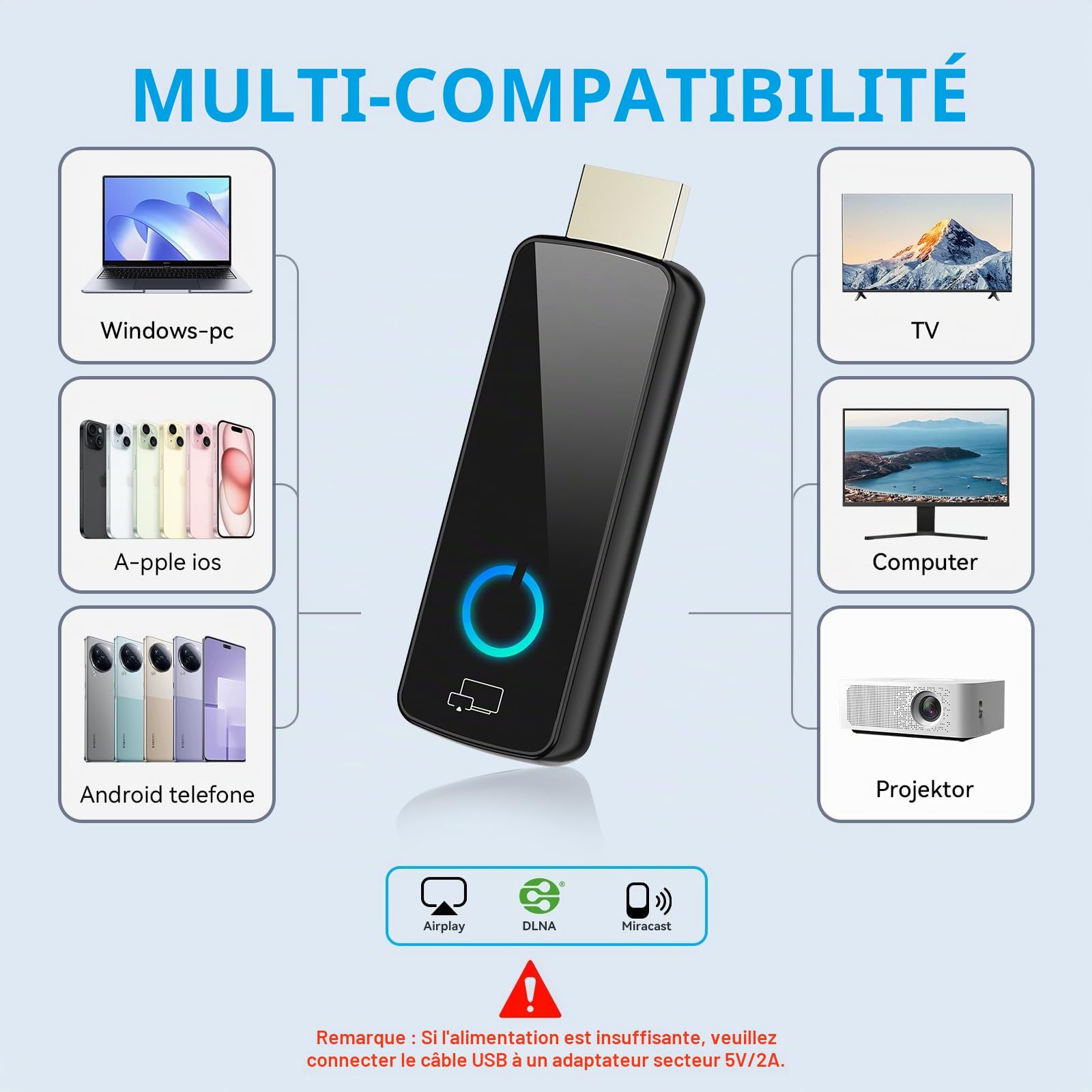 Adaptateur HDMI sans Fil,Dongle WiFi Miracast/Airplay/Screen Mirroring pour TV, projecteur, Moniteur – Compatible iOS/Android/Windows – Plug & Play (W3401)